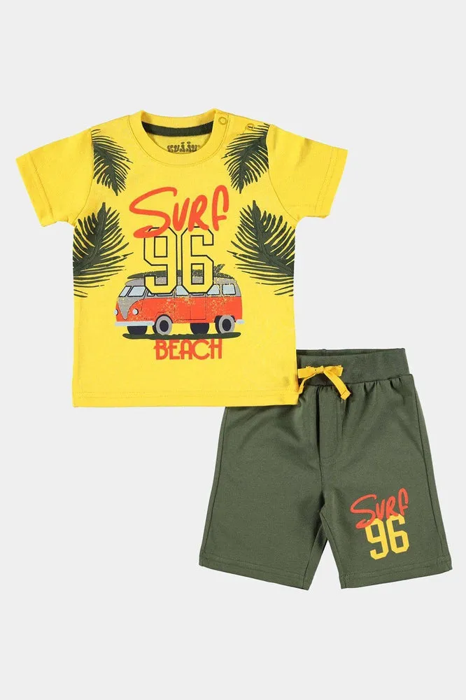 100% Cotton Yellow Surf Print Top Khaki Shorts Baby Boy Set