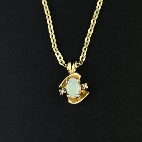 14K Gold Oval Opal Diamond Pendant Necklace