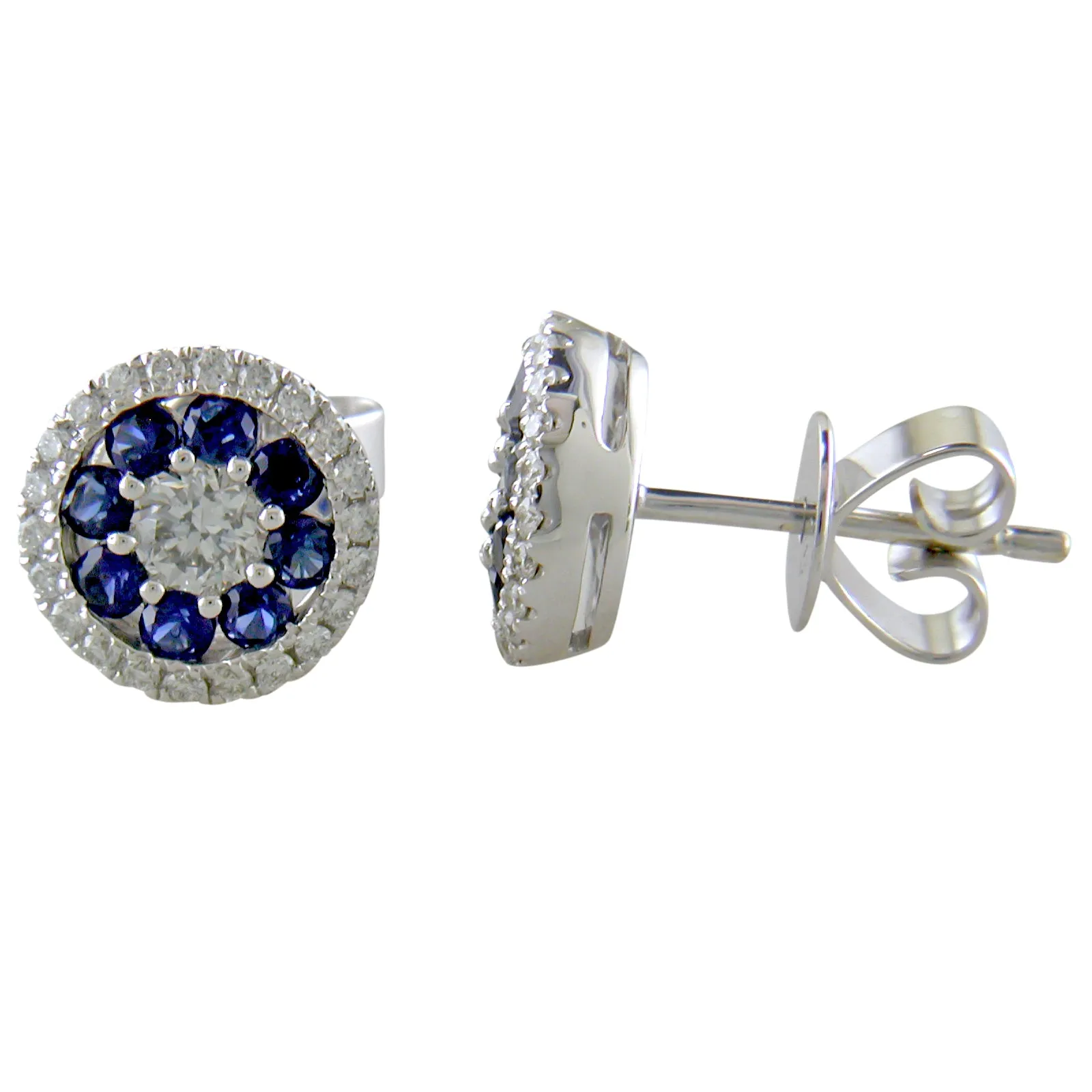 14K White Gold Sapphire & Diamond Round Halo Cluster Stud Earrings