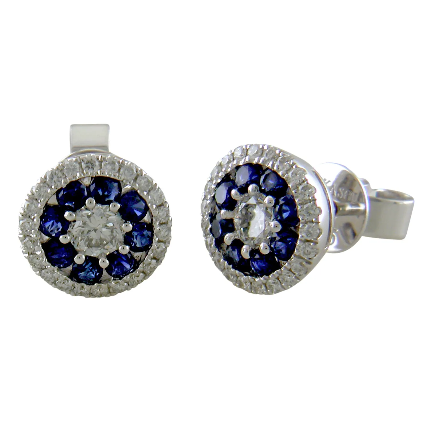 14K White Gold Sapphire & Diamond Round Halo Cluster Stud Earrings