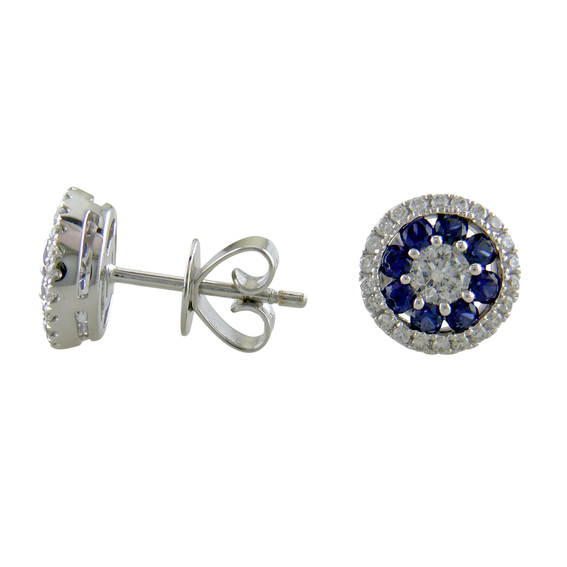 14K White Gold Sapphire & Diamond Round Halo Cluster Stud Earrings