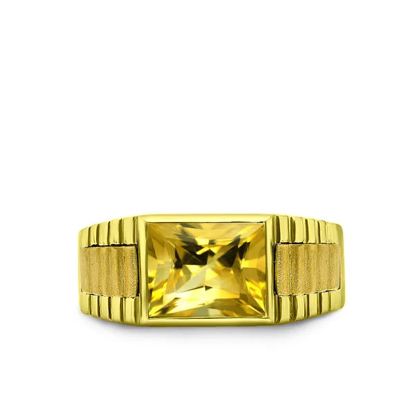 18K Yellow Gold Plated Mens Heavy Silver Ring Yellow Citrine Gemstone All Sz