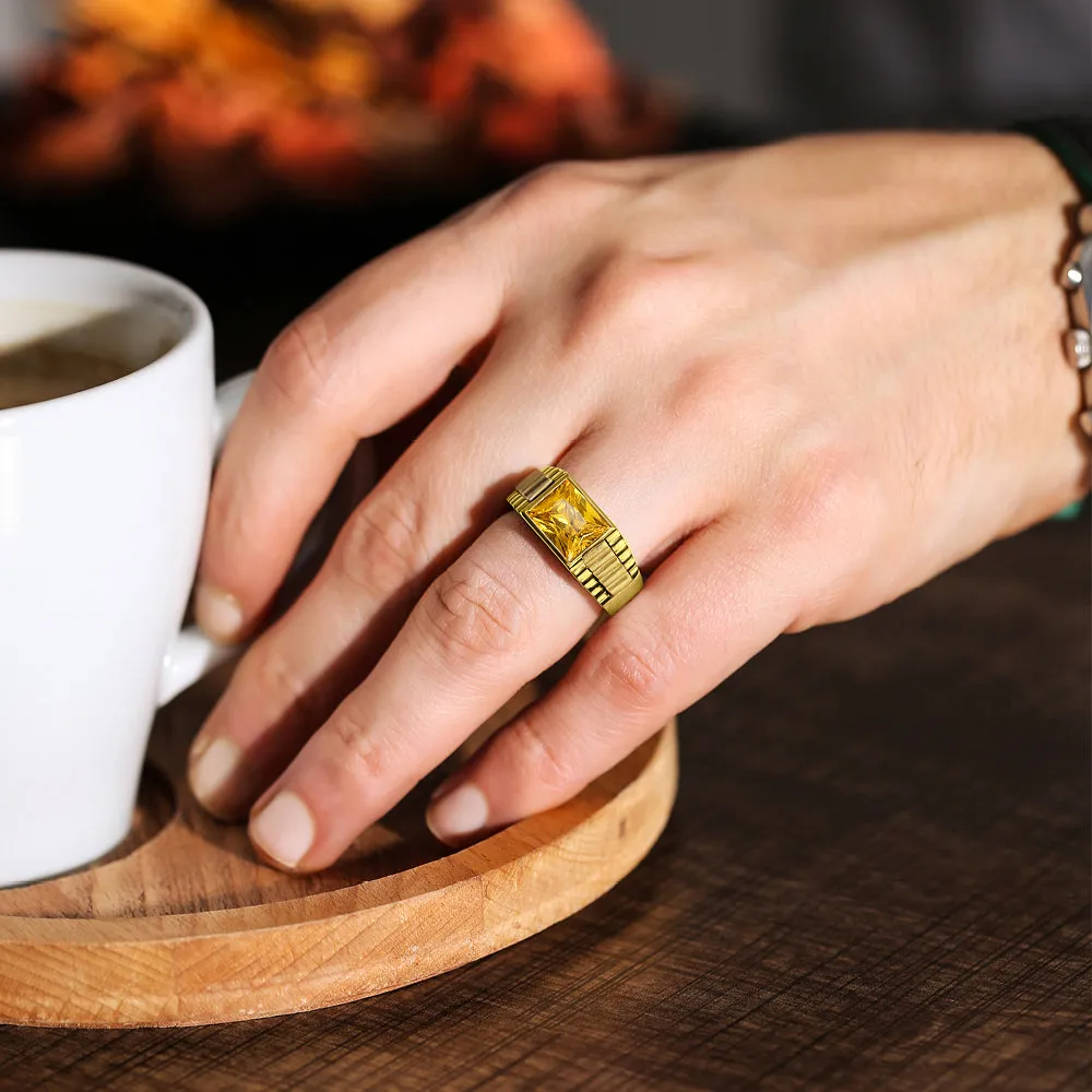 18K Yellow Gold Plated Mens Heavy Silver Ring Yellow Citrine Gemstone All Sz