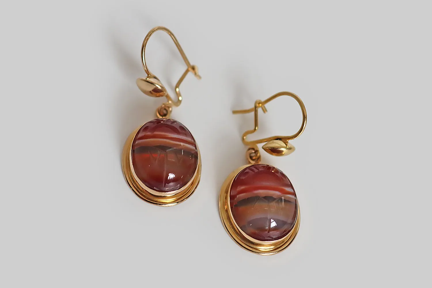 1940s Red Banded Agate Scarab Earrings