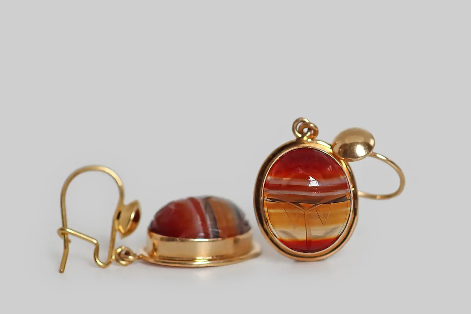 1940s Red Banded Agate Scarab Earrings