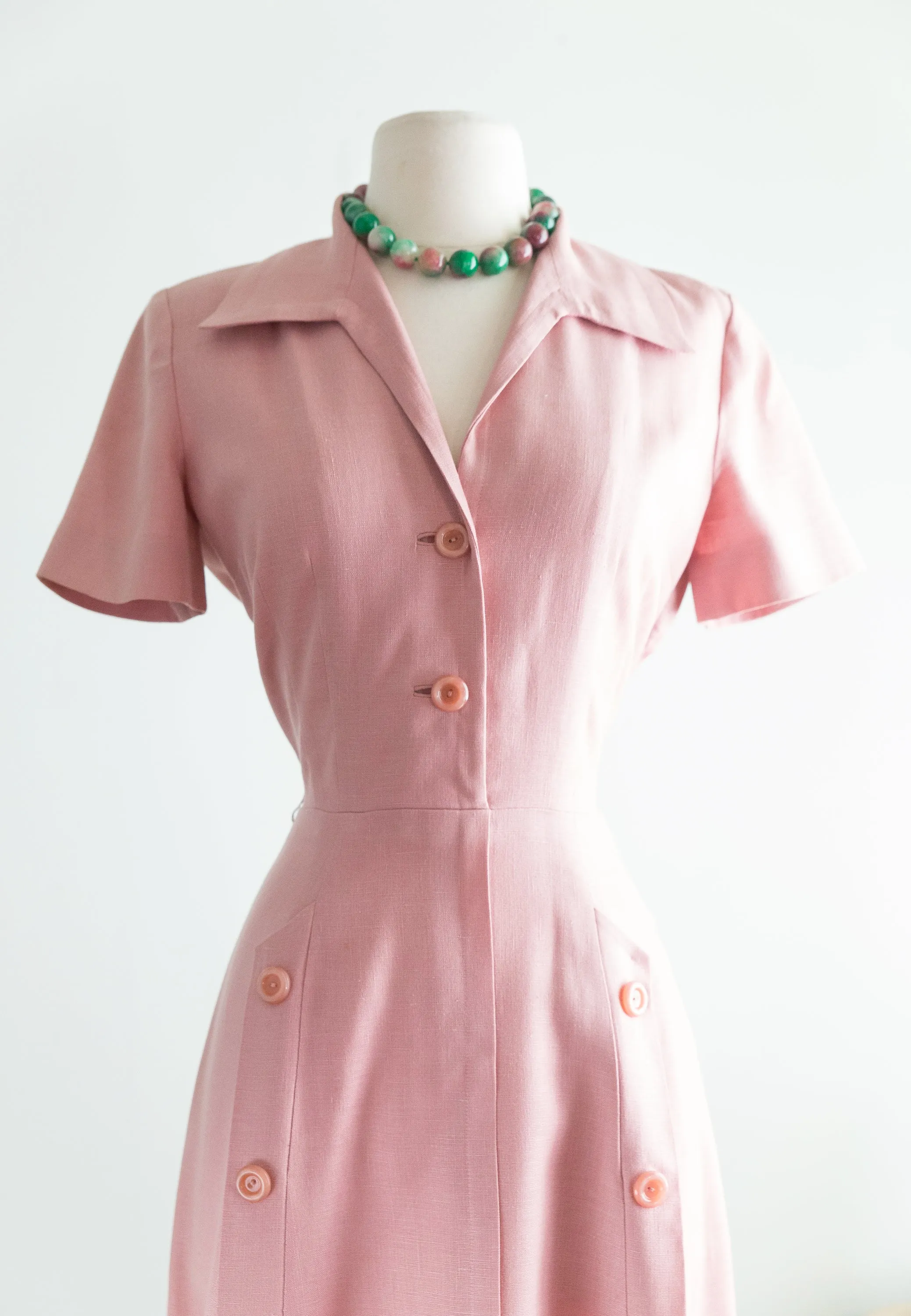 1950's Kane Weill Dusty Rose Linen Button Down Dress  / Waist 27