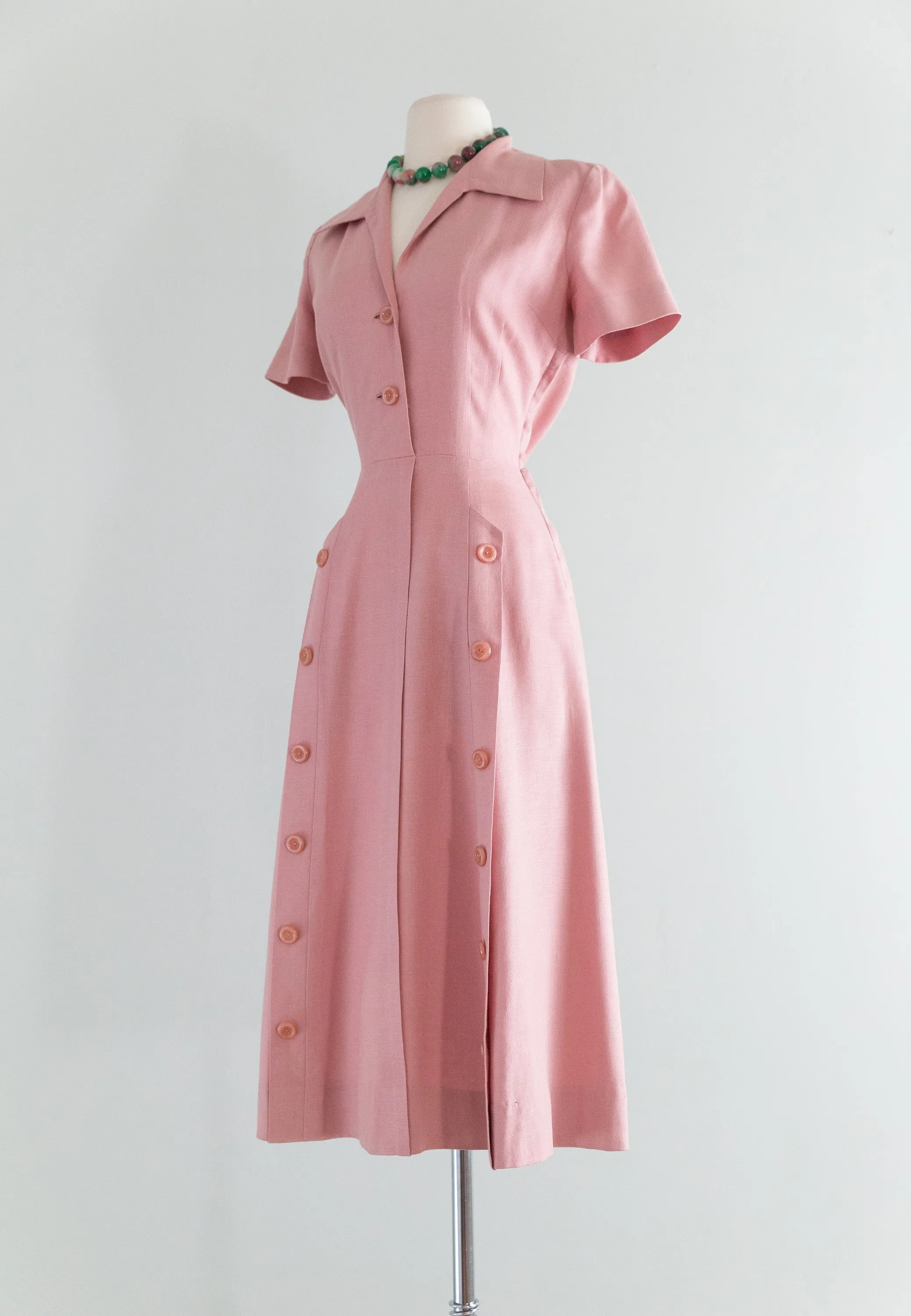 1950's Kane Weill Dusty Rose Linen Button Down Dress  / Waist 27