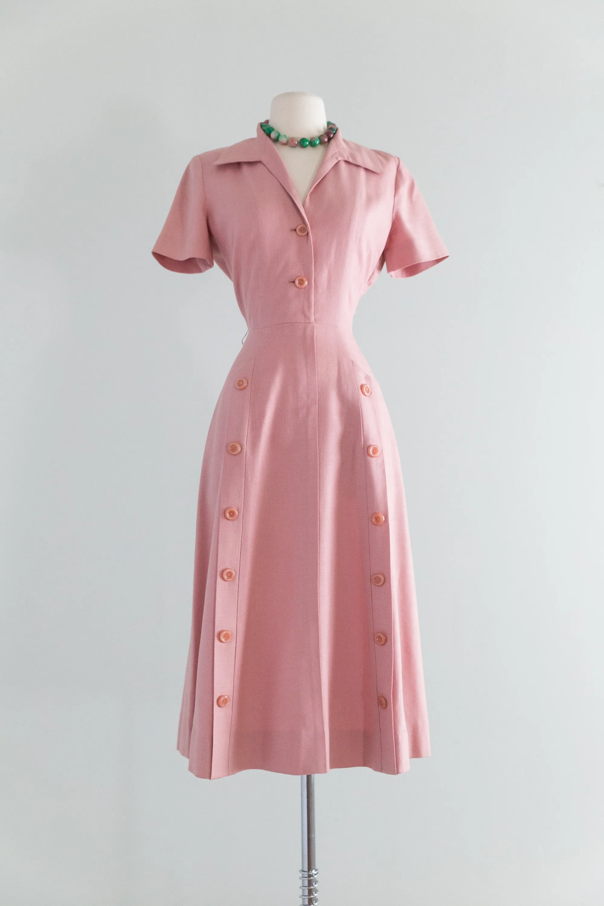 1950's Kane Weill Dusty Rose Linen Button Down Dress  / Waist 27