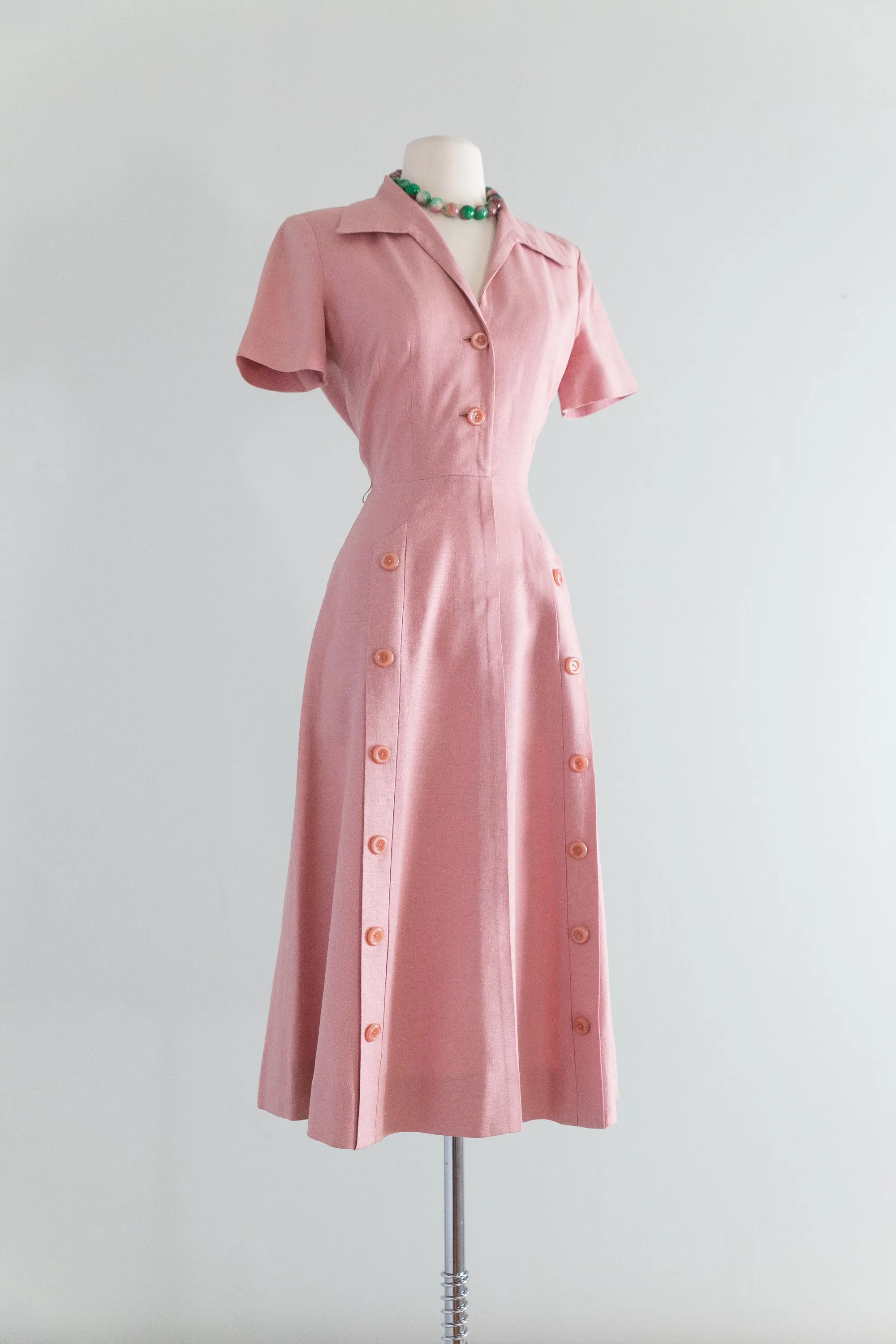 1950's Kane Weill Dusty Rose Linen Button Down Dress  / Waist 27