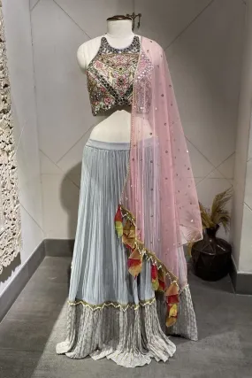 310012- Blue Lehenga With Contrasting Pink Dupatta