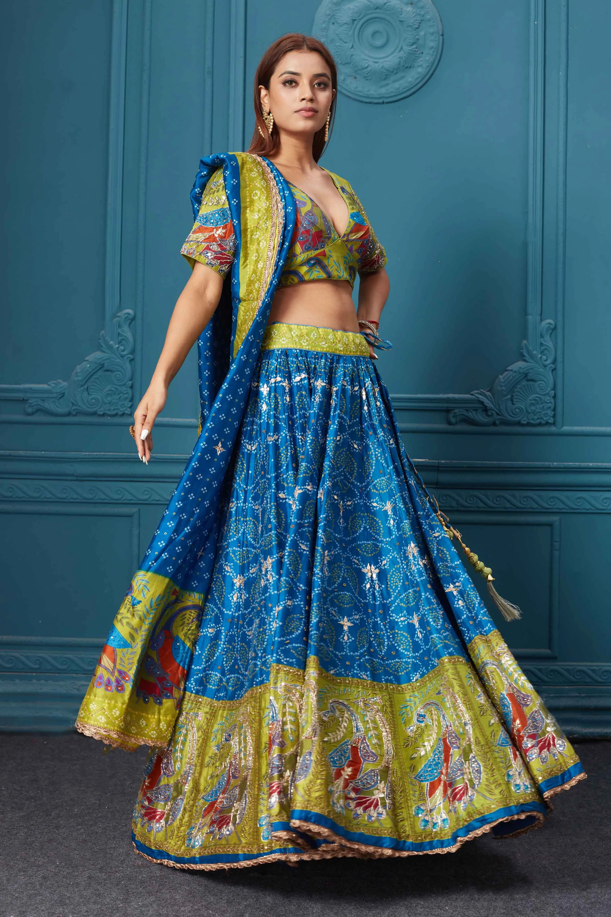 310038 Dark Blue Bandhej Printed Lehenga with Dupatta