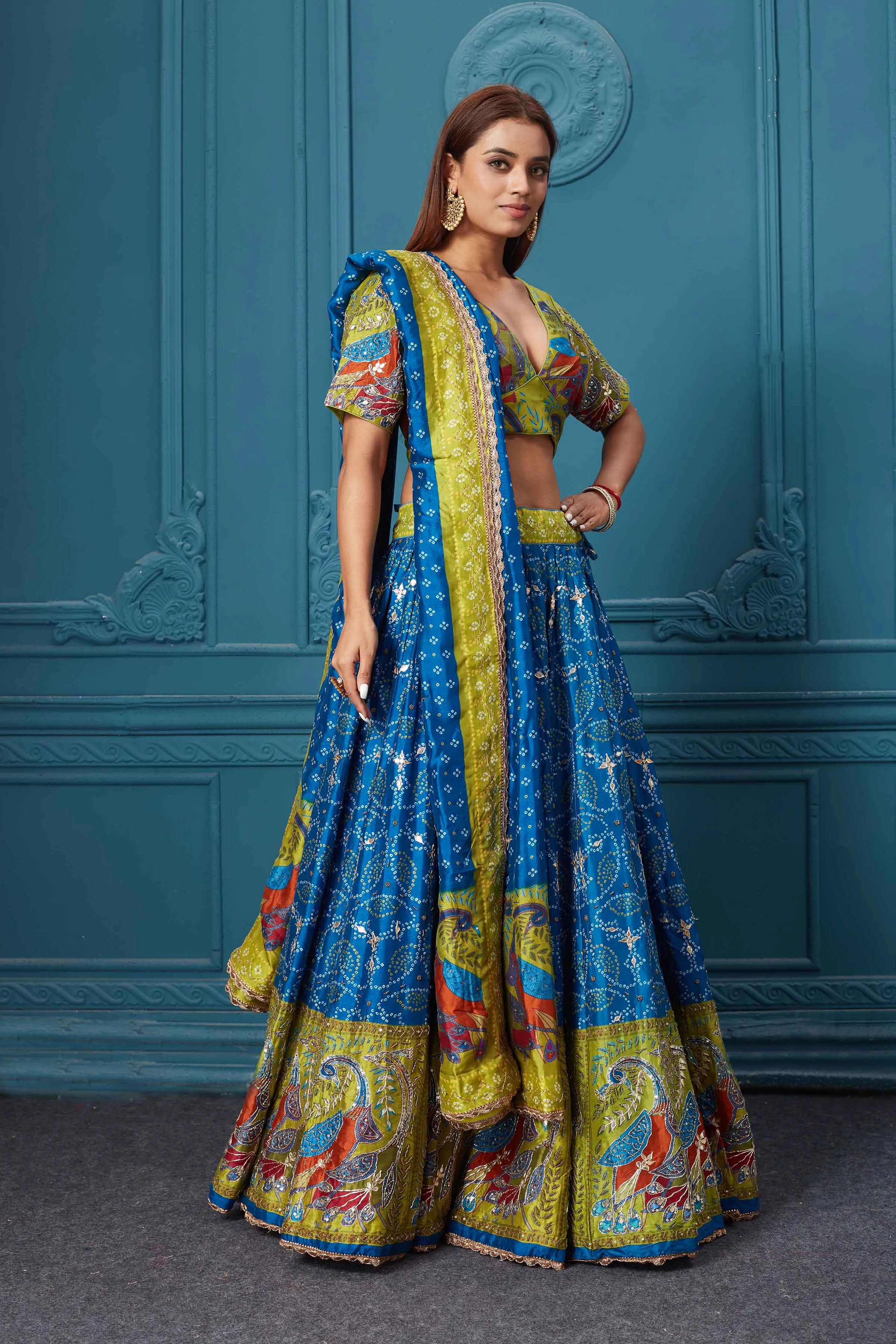 310038 Dark Blue Bandhej Printed Lehenga with Dupatta