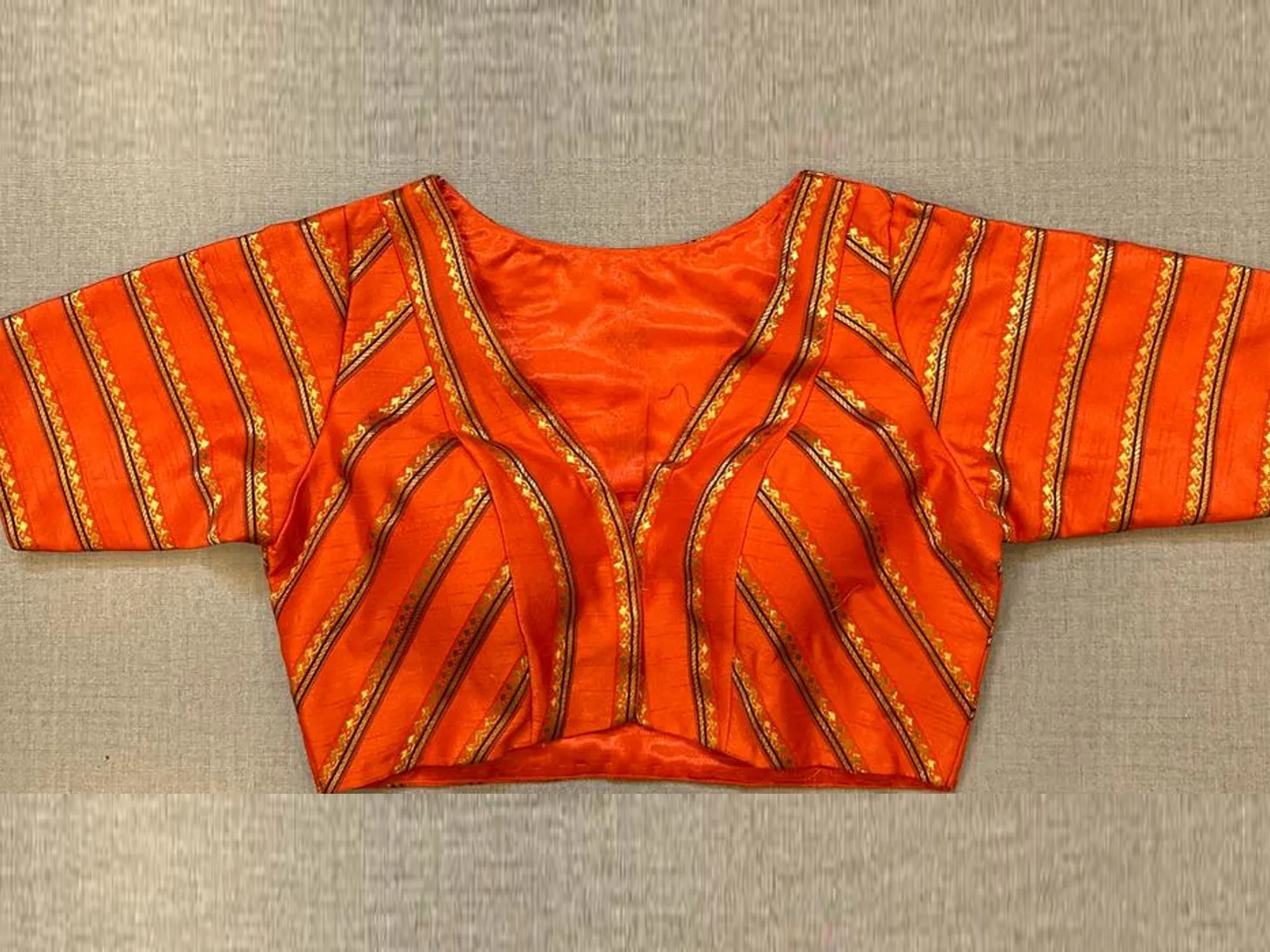 50W481-RO - Exquisite Orange Stripped Embroidered Blouse