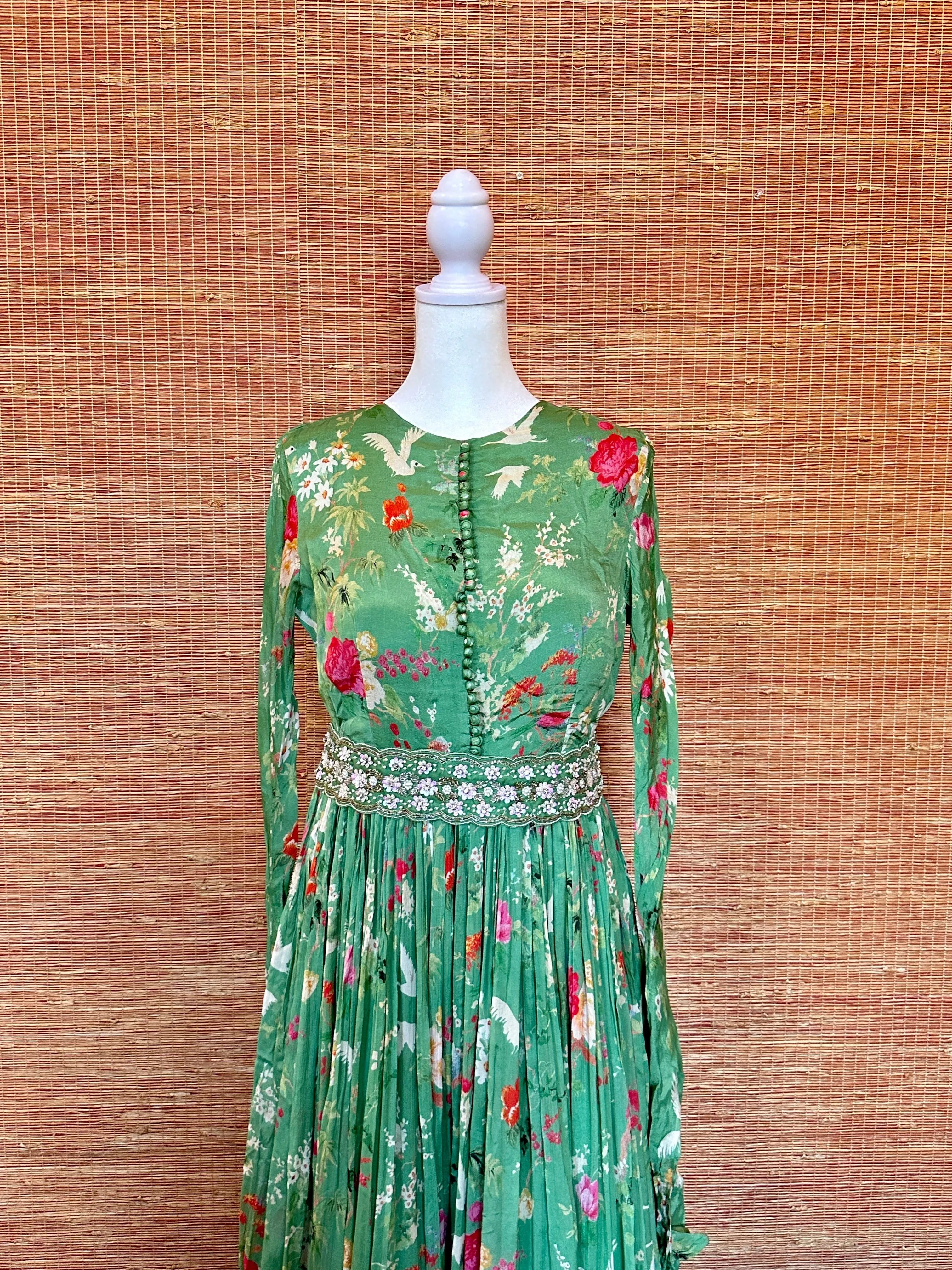 52A038 Sea Green Floral Georgette Dress With Belt