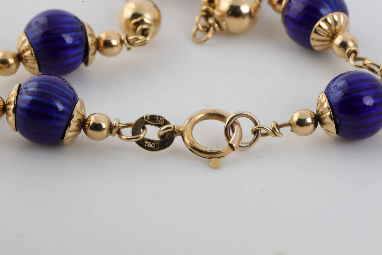 7" 18k Yellow Gold Blue Enamel Bead Bracelet (10.30g.)