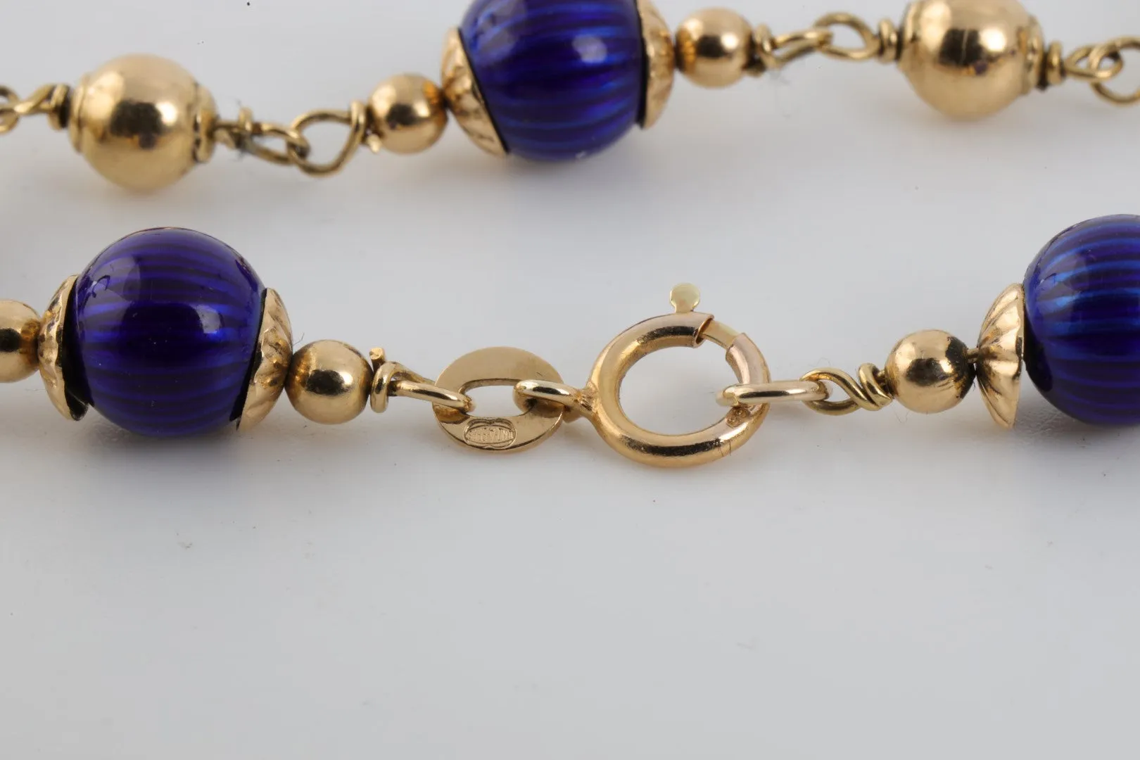 7" 18k Yellow Gold Blue Enamel Bead Bracelet (10.30g.)