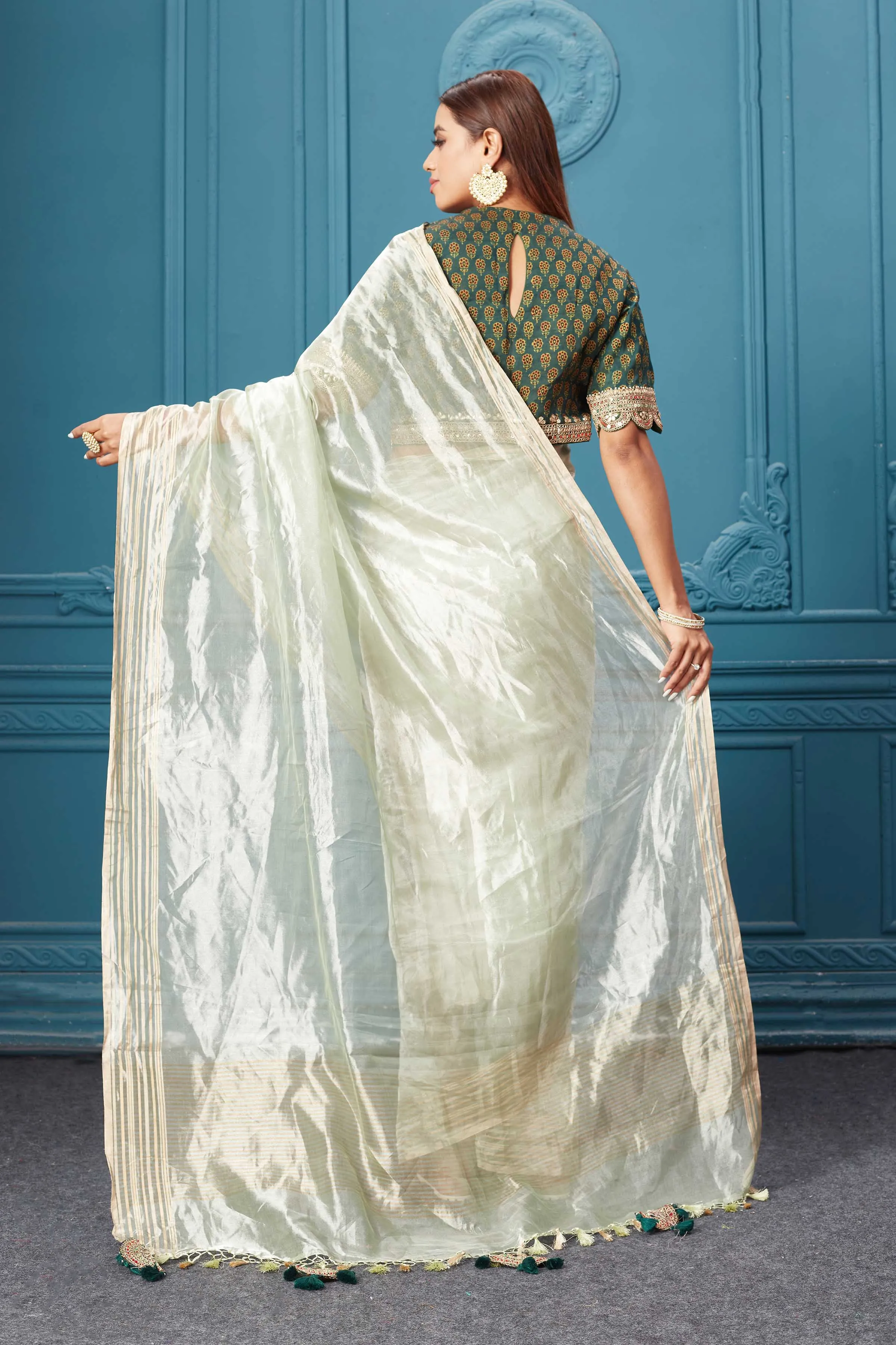 91A044 Pista Green Tissue Kora Silk Saree with Green Saree Blouse