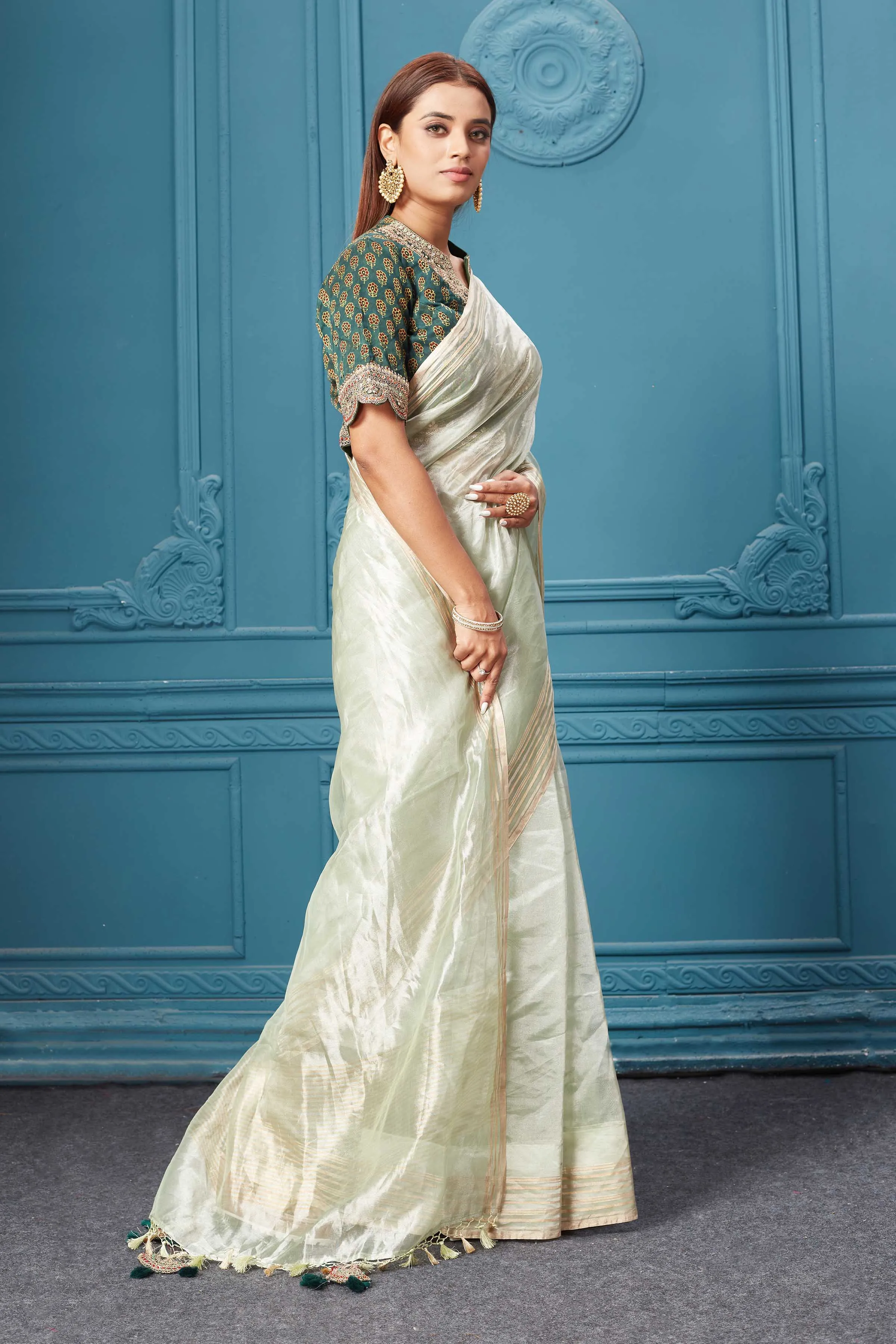 91A044 Pista Green Tissue Kora Silk Saree with Green Saree Blouse