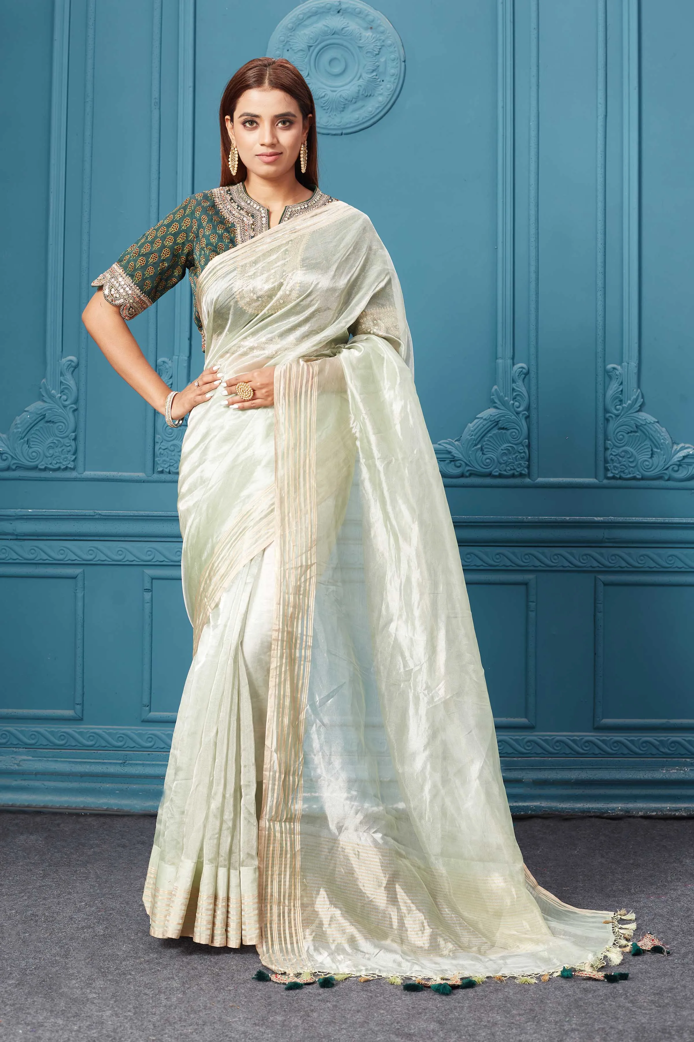 91A044 Pista Green Tissue Kora Silk Saree with Green Saree Blouse