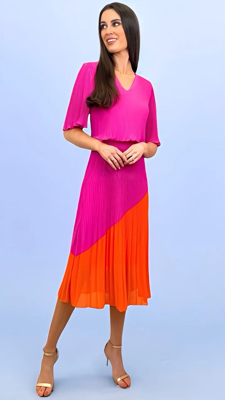 A1656 Pink/Orange Loose Top Pleat Dress