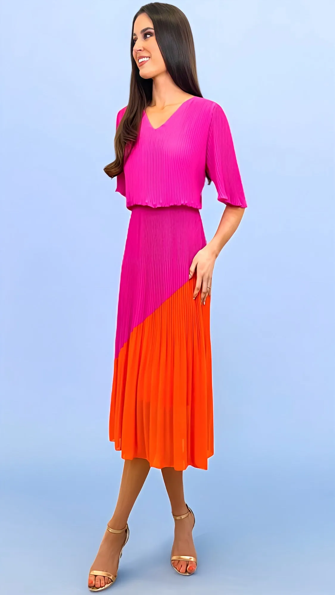 A1656 Pink/Orange Loose Top Pleat Dress