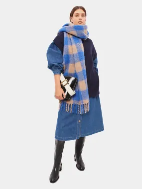 Alpaca Check Blanket Scarf | Blue