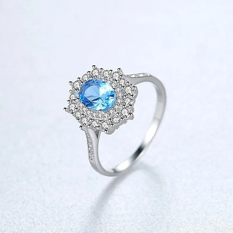 Aquamarine with High Carbon Diamond Ring - 925 Sterling Silver