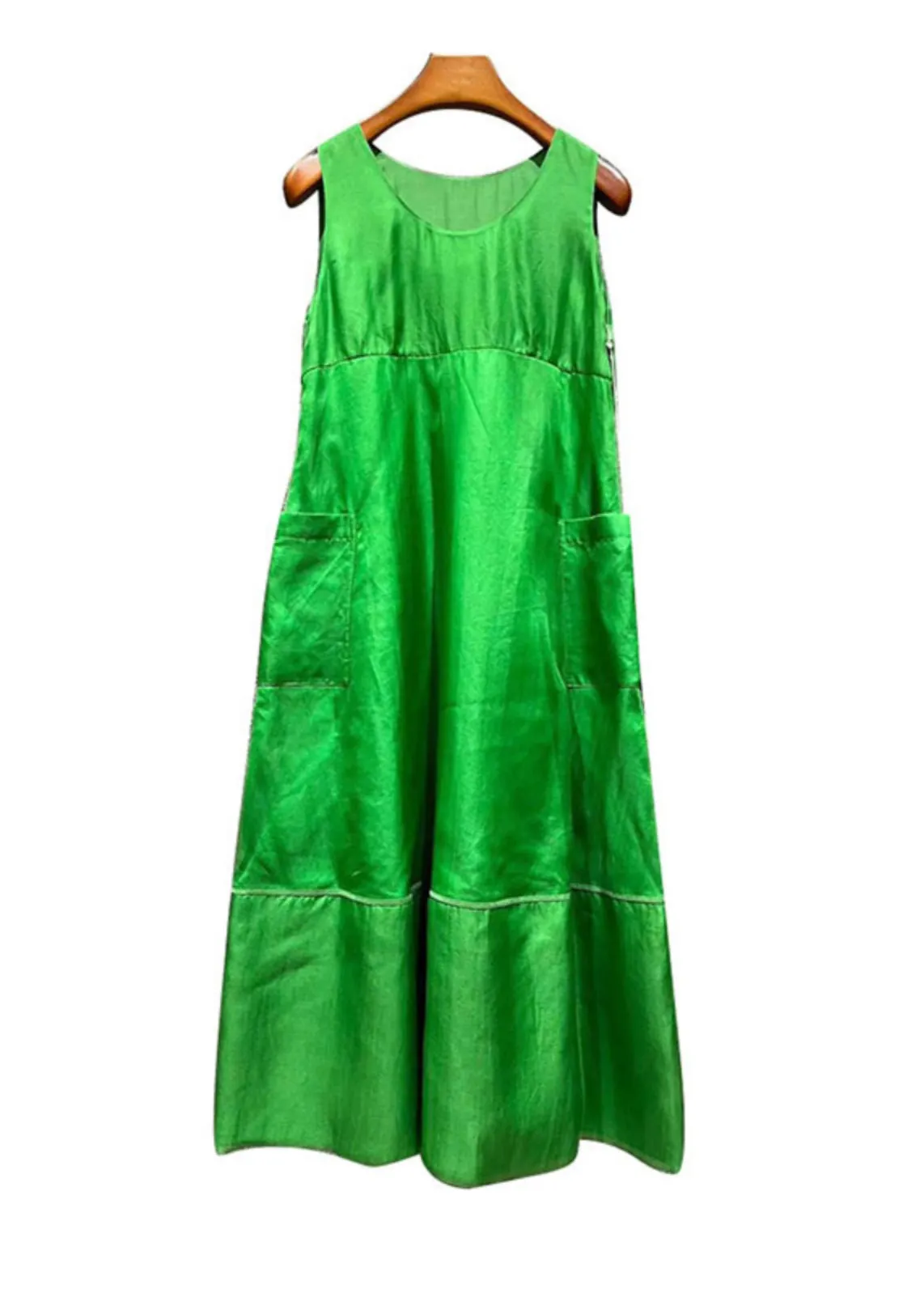 Art Green O Neck Pockets Patchwork Silk Dresses Sleeveless EE1032