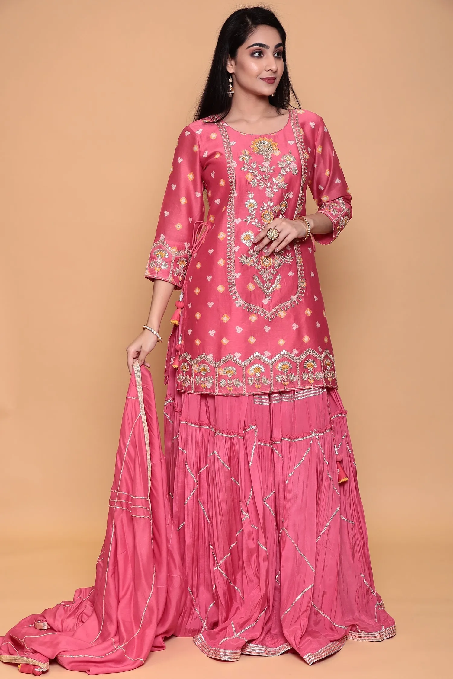 Bandhej Cotton Silk Suit with Gota Patti, Thread work.