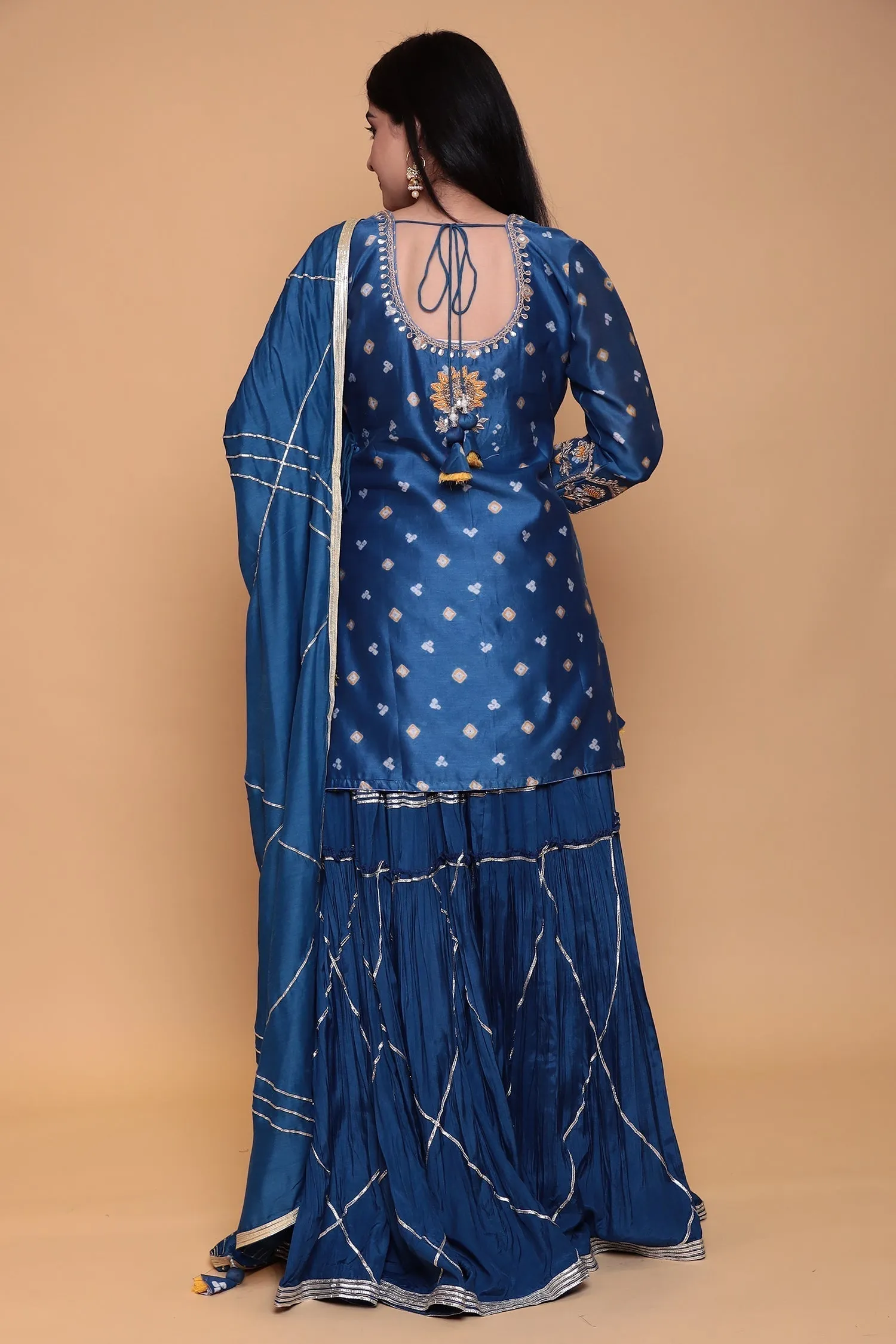 Bandhej Cotton Silk Suit with Gota Patti, Thread work.