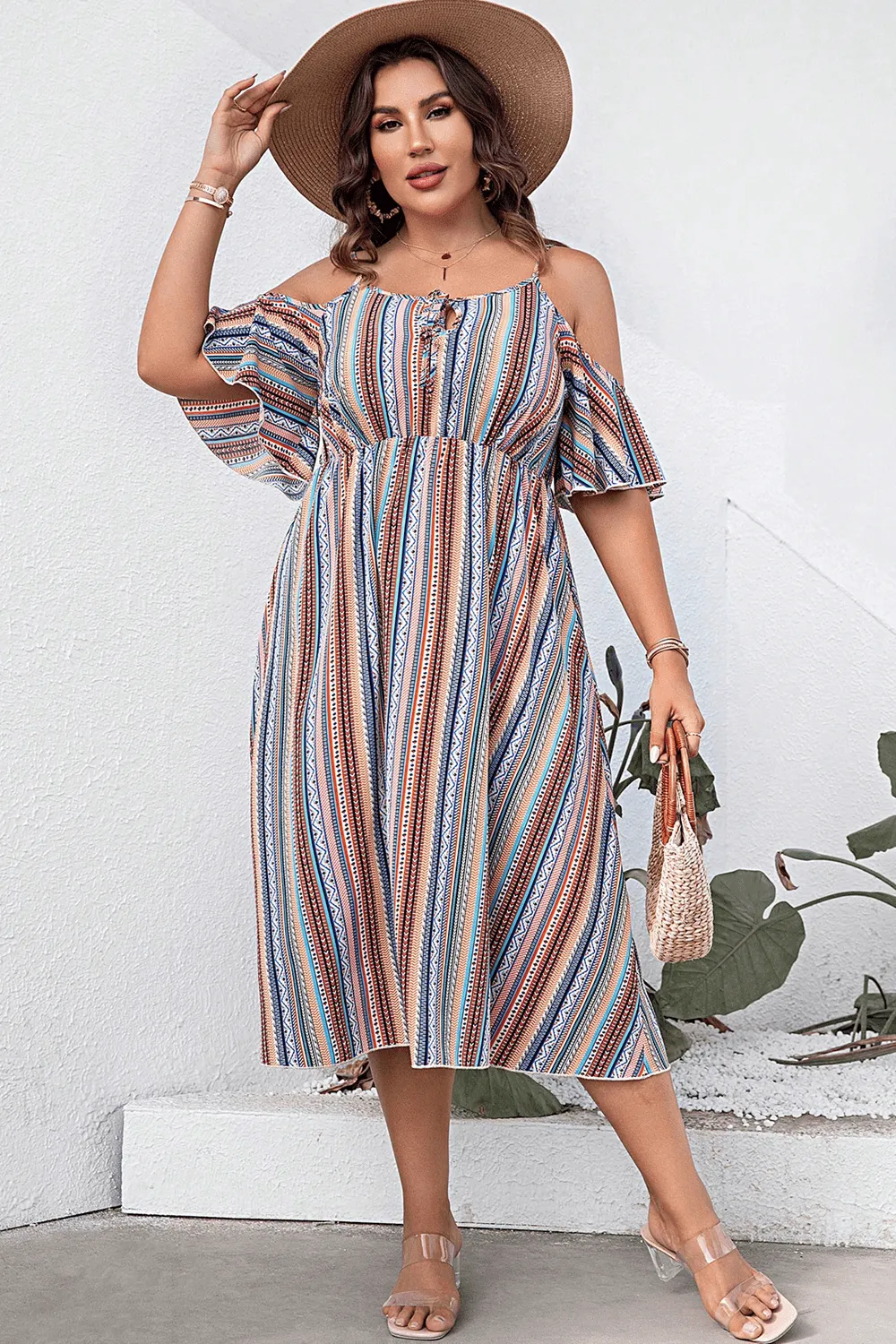 Beach Wedding Guest Attire: Plus Size Striped Cold-Shoulder Dress for Women