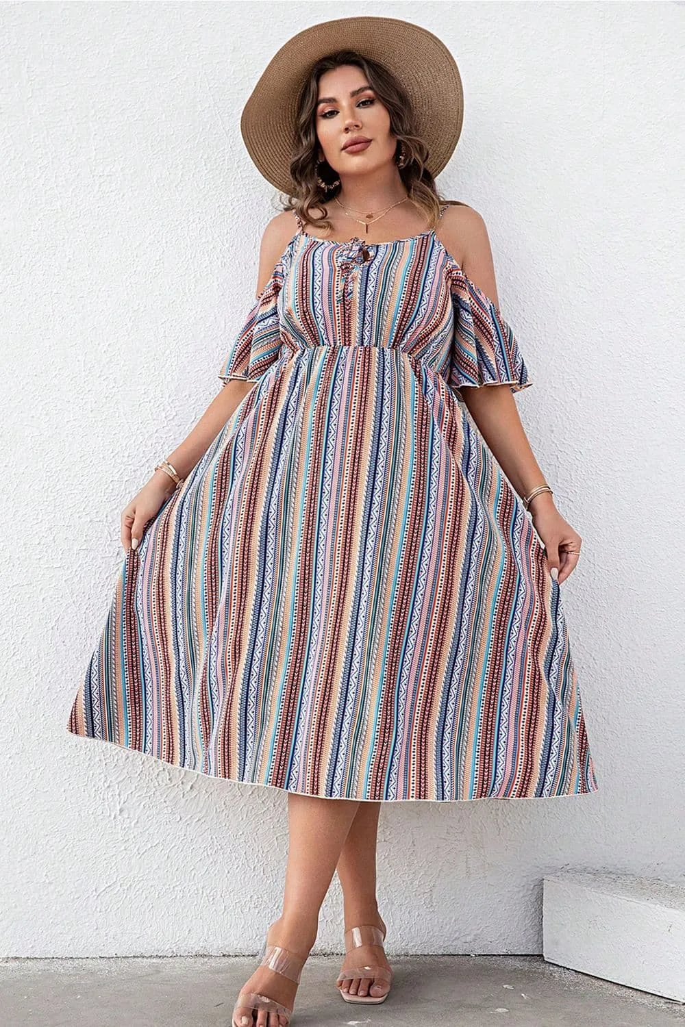 Beach Wedding Guest Attire: Plus Size Striped Cold-Shoulder Dress for Women