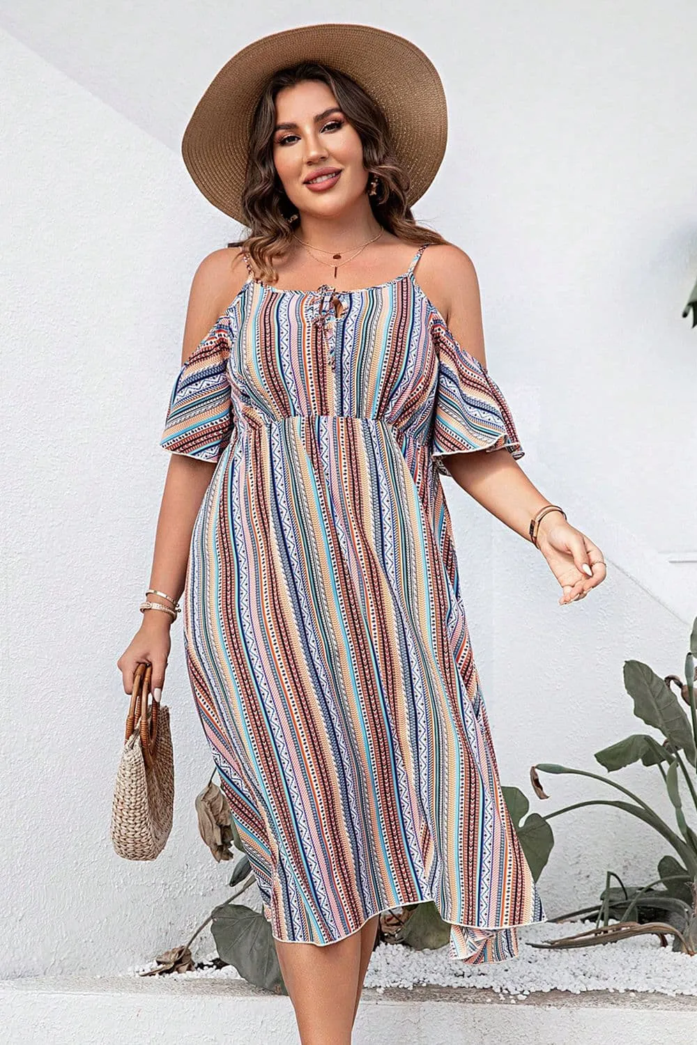 Beach Wedding Guest Attire: Plus Size Striped Cold-Shoulder Dress for Women