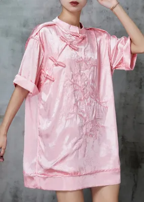 Beautiful Pink Embroidered Chinese Button Silk Mini Dress Spring JK1006