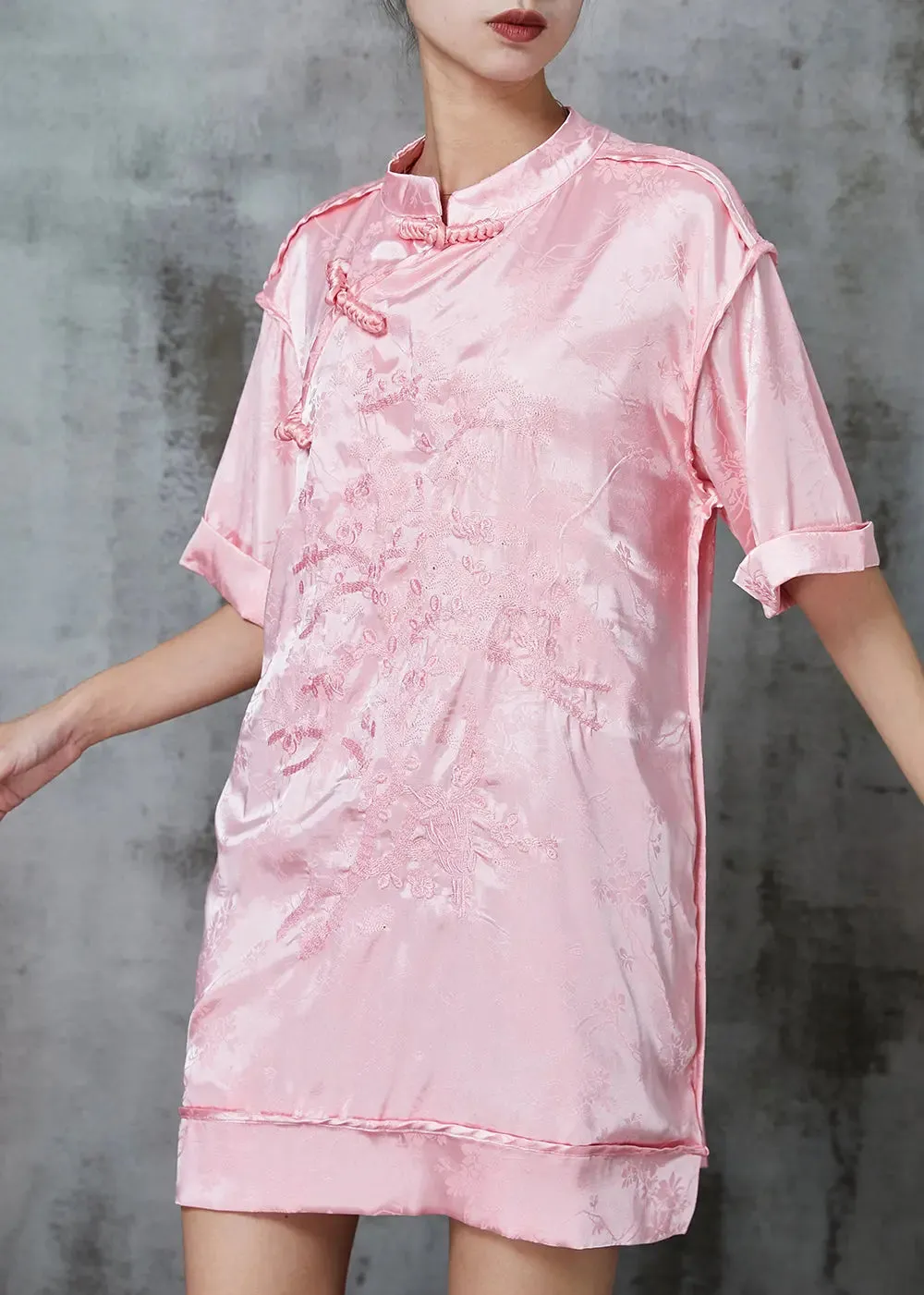 Beautiful Pink Embroidered Chinese Button Silk Mini Dress Spring JK1006