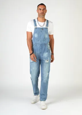 BERTIE Relaxed Fit Dungarees Palewash Denim with Rips