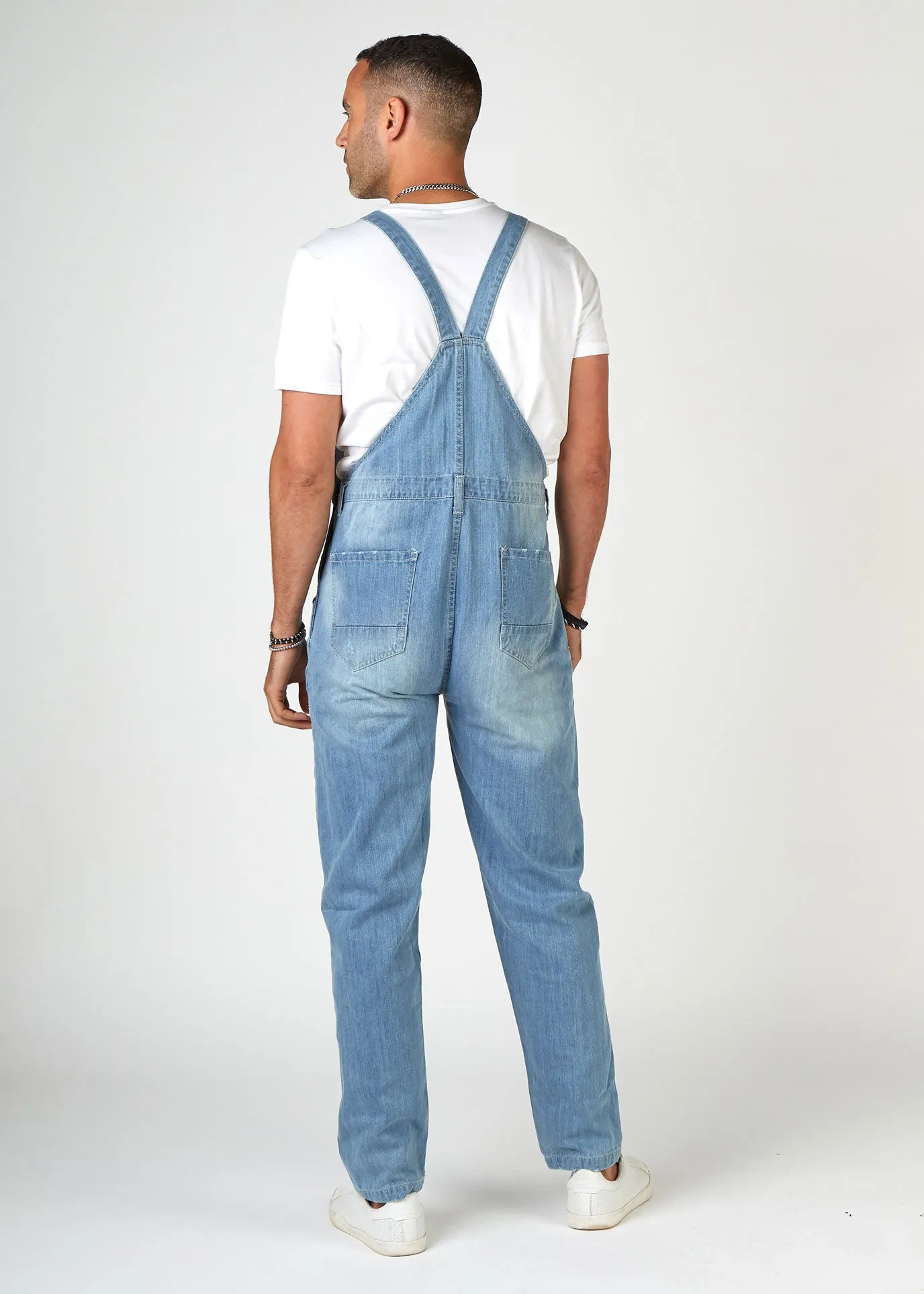 BERTIE Relaxed Fit Dungarees Palewash Denim with Rips