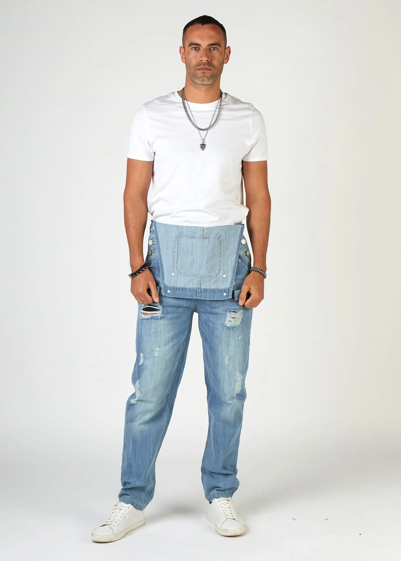 BERTIE Relaxed Fit Dungarees Palewash Denim with Rips