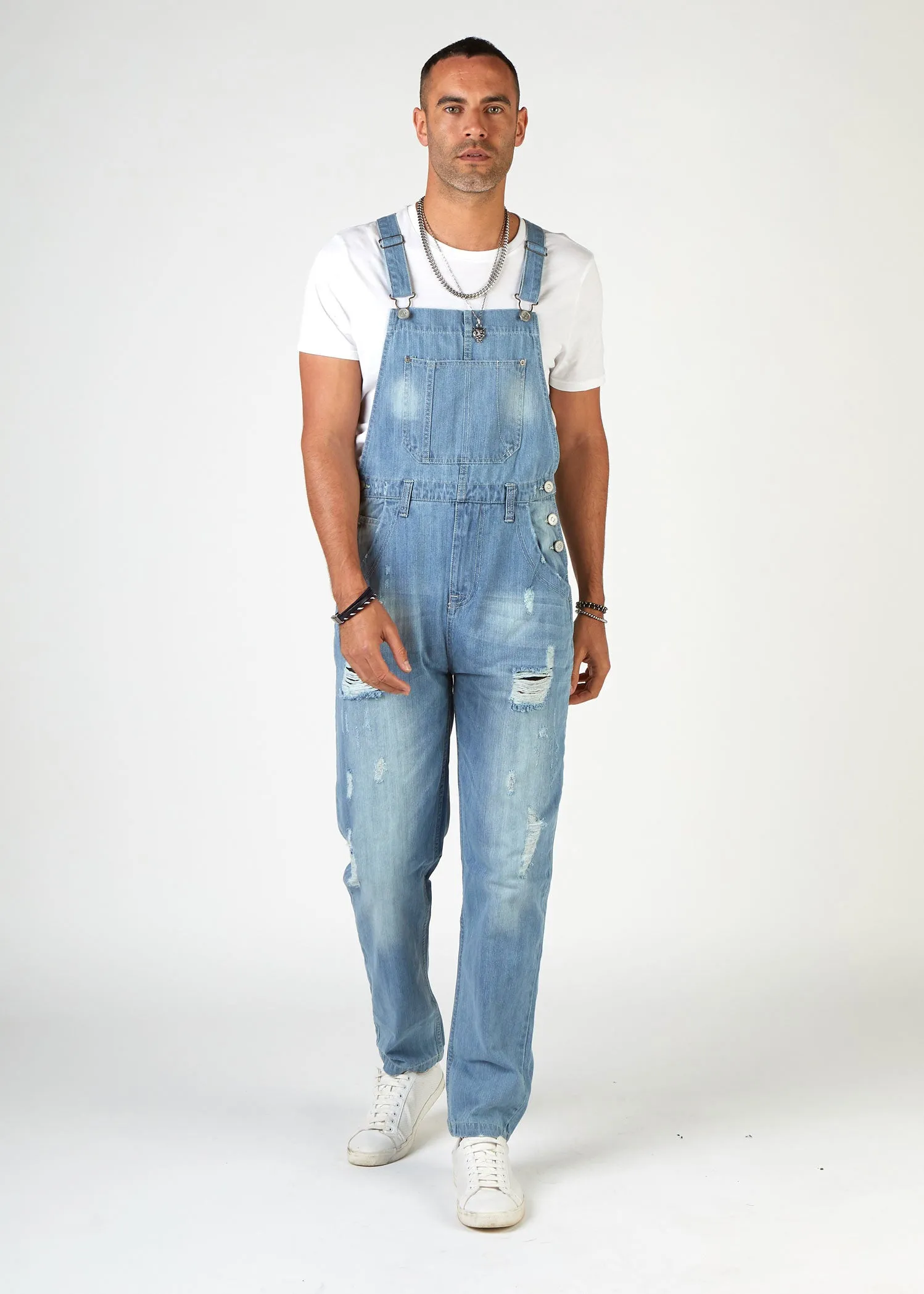 BERTIE Relaxed Fit Dungarees Palewash Denim with Rips