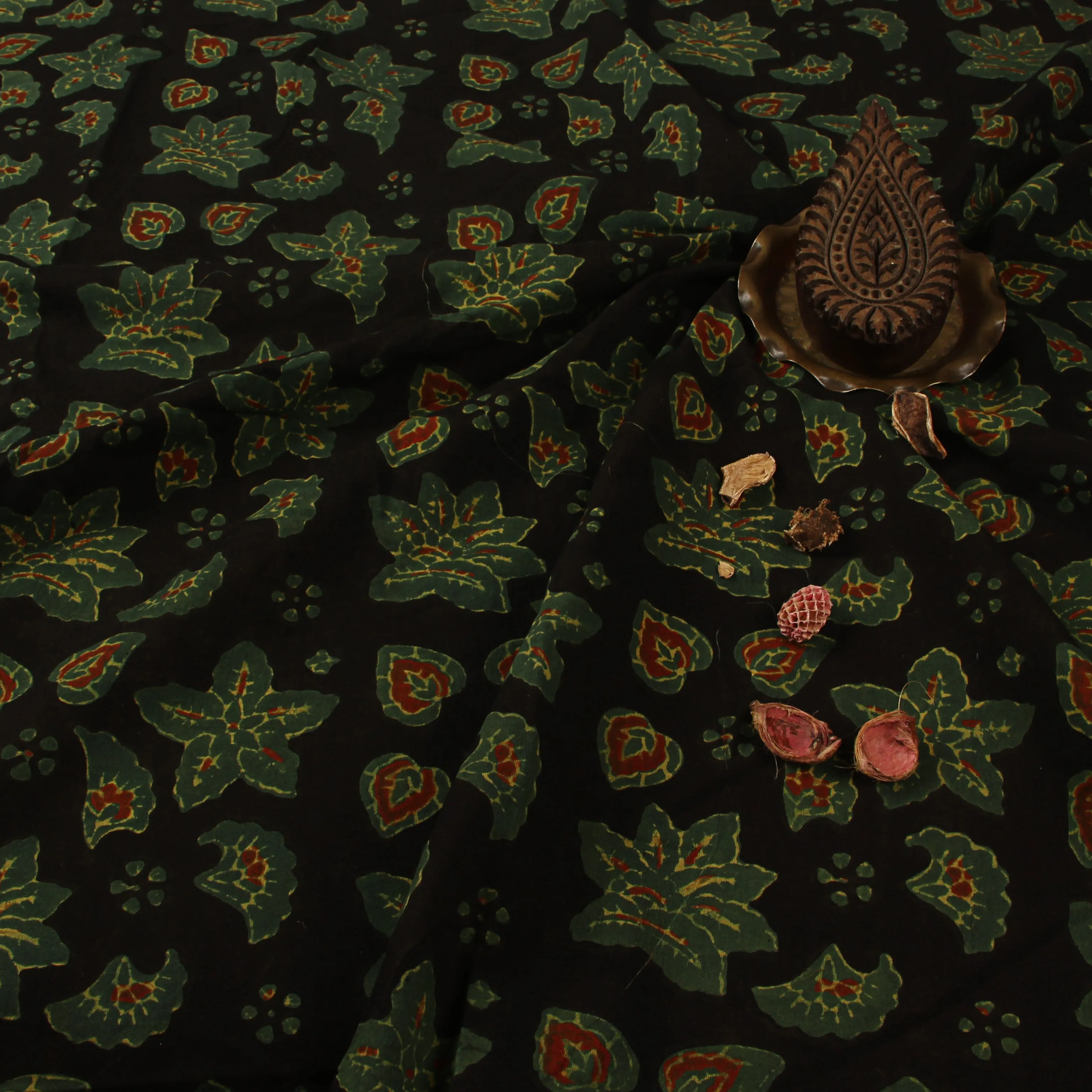 Black & Green Star Floral Ajrakh Hand Block Printed Cotton Fabric