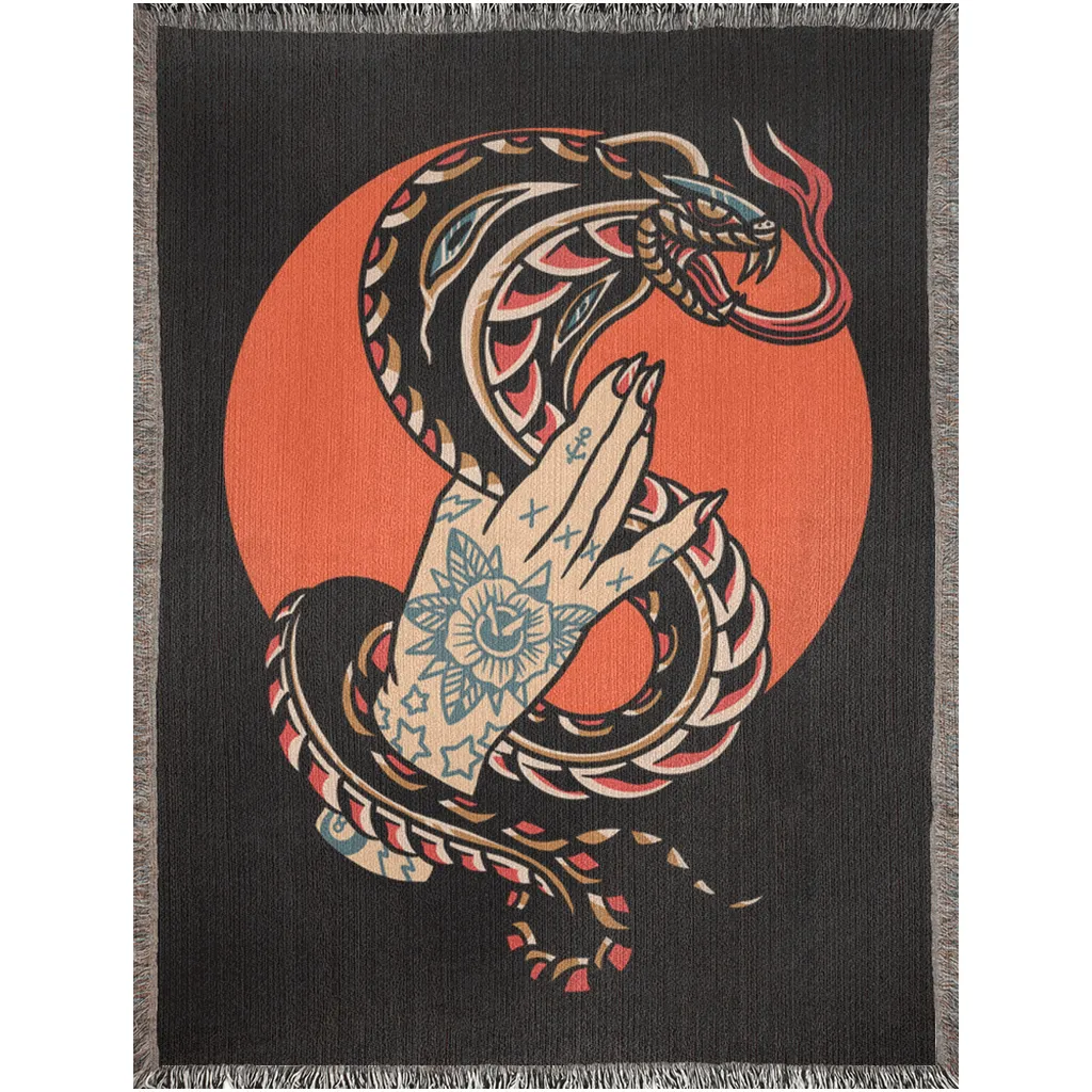 Black Cobra Traditional Tattoo Style Woven Fringe Blanket / / Wall tapestry, throw for sofa, maximalist decor, tattoo home decor (Copy)