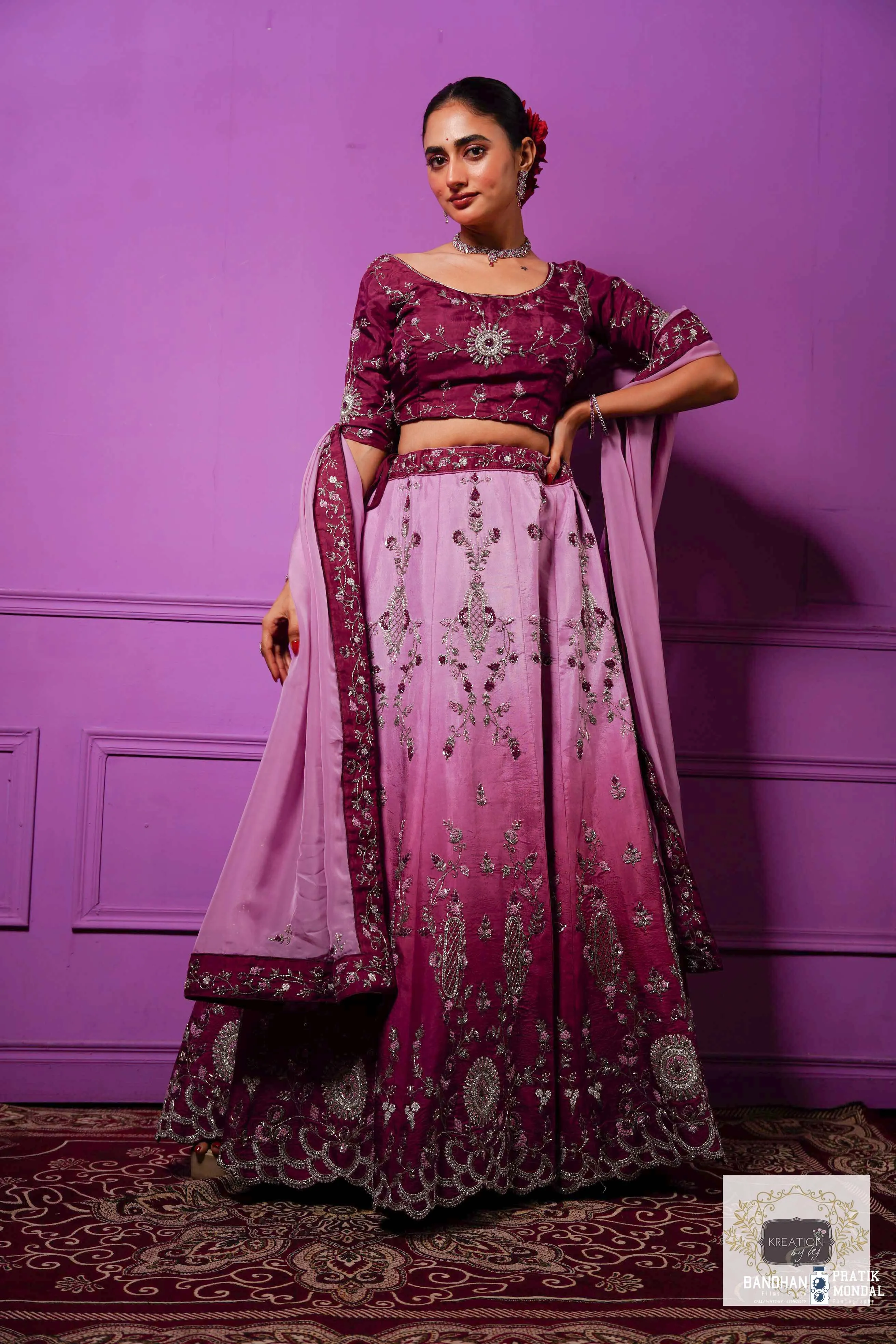 Black Currant Ombre Handembroidered Lehenga Set