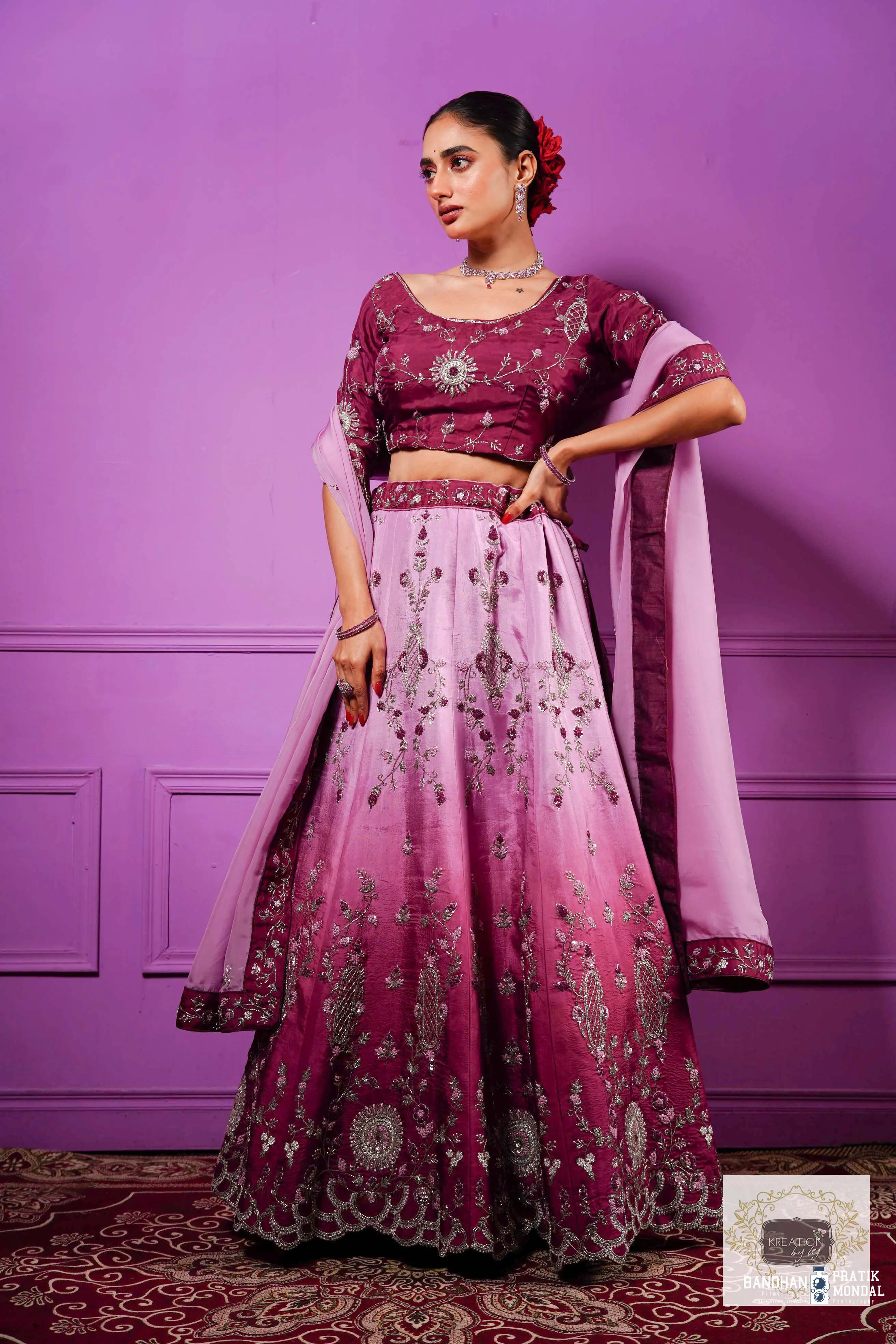 Black Currant Ombre Handembroidered Lehenga Set