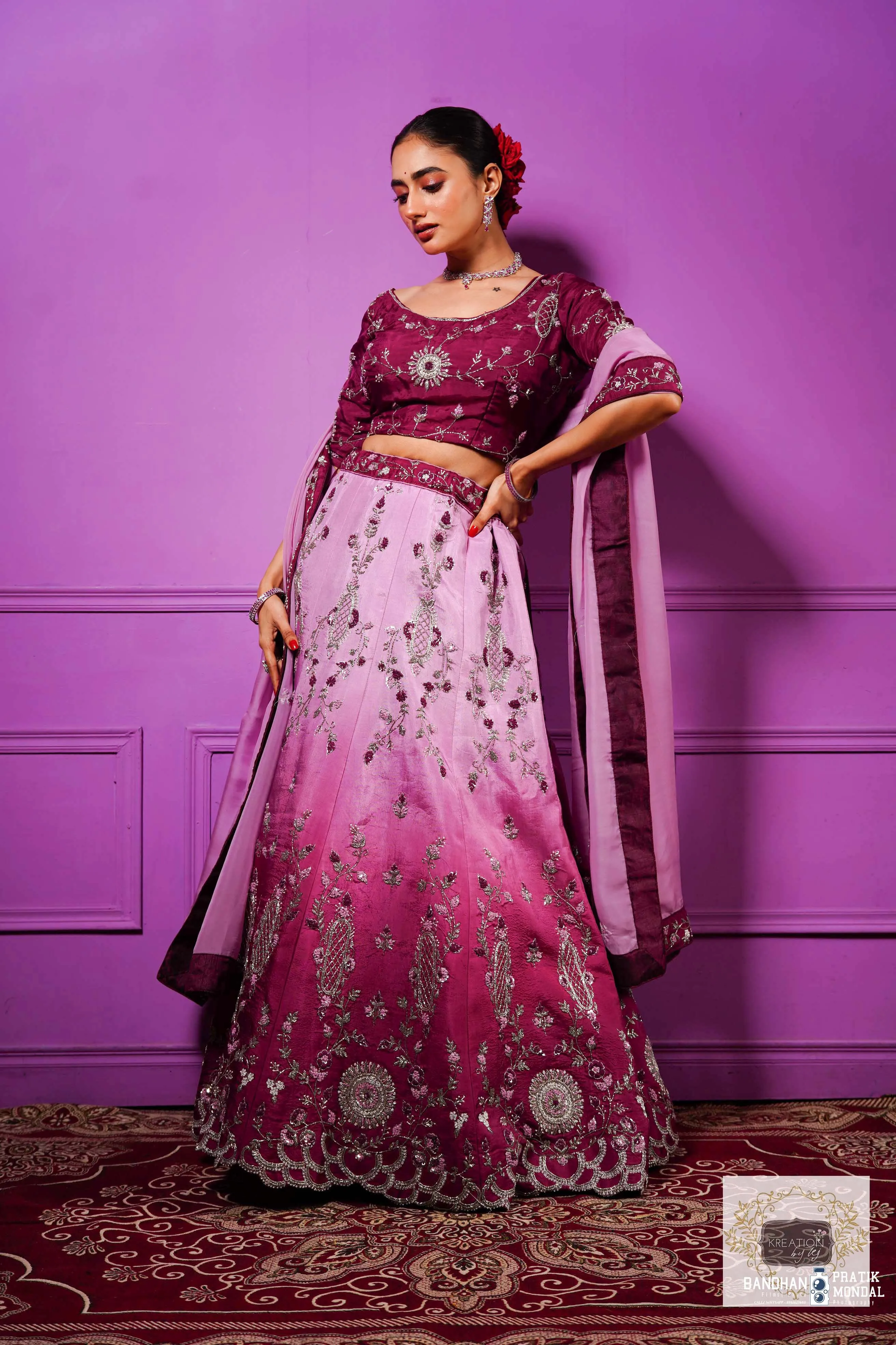 Black Currant Ombre Handembroidered Lehenga Set