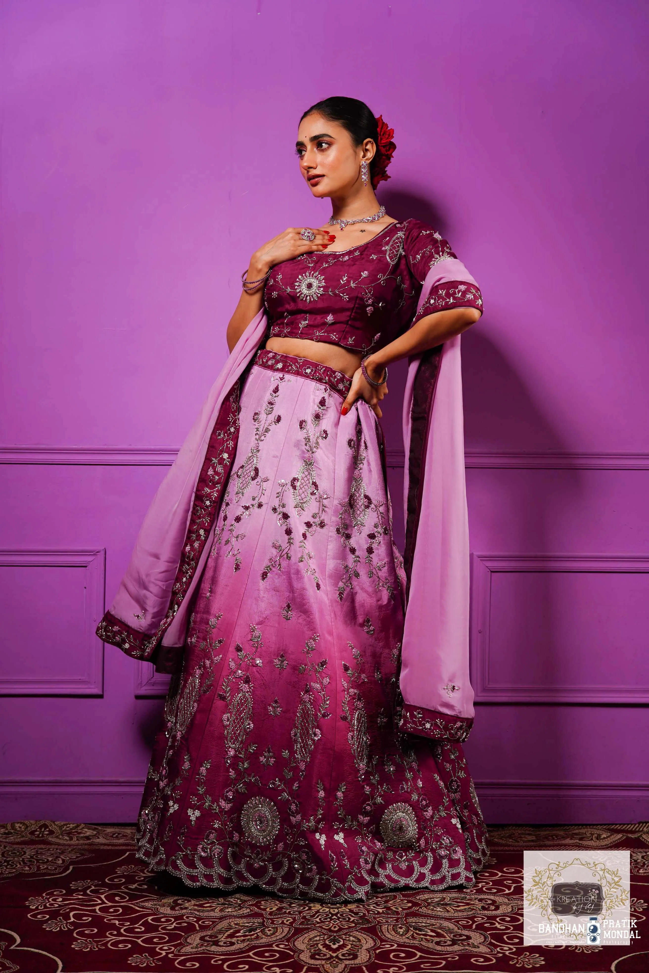 Black Currant Ombre Handembroidered Lehenga Set