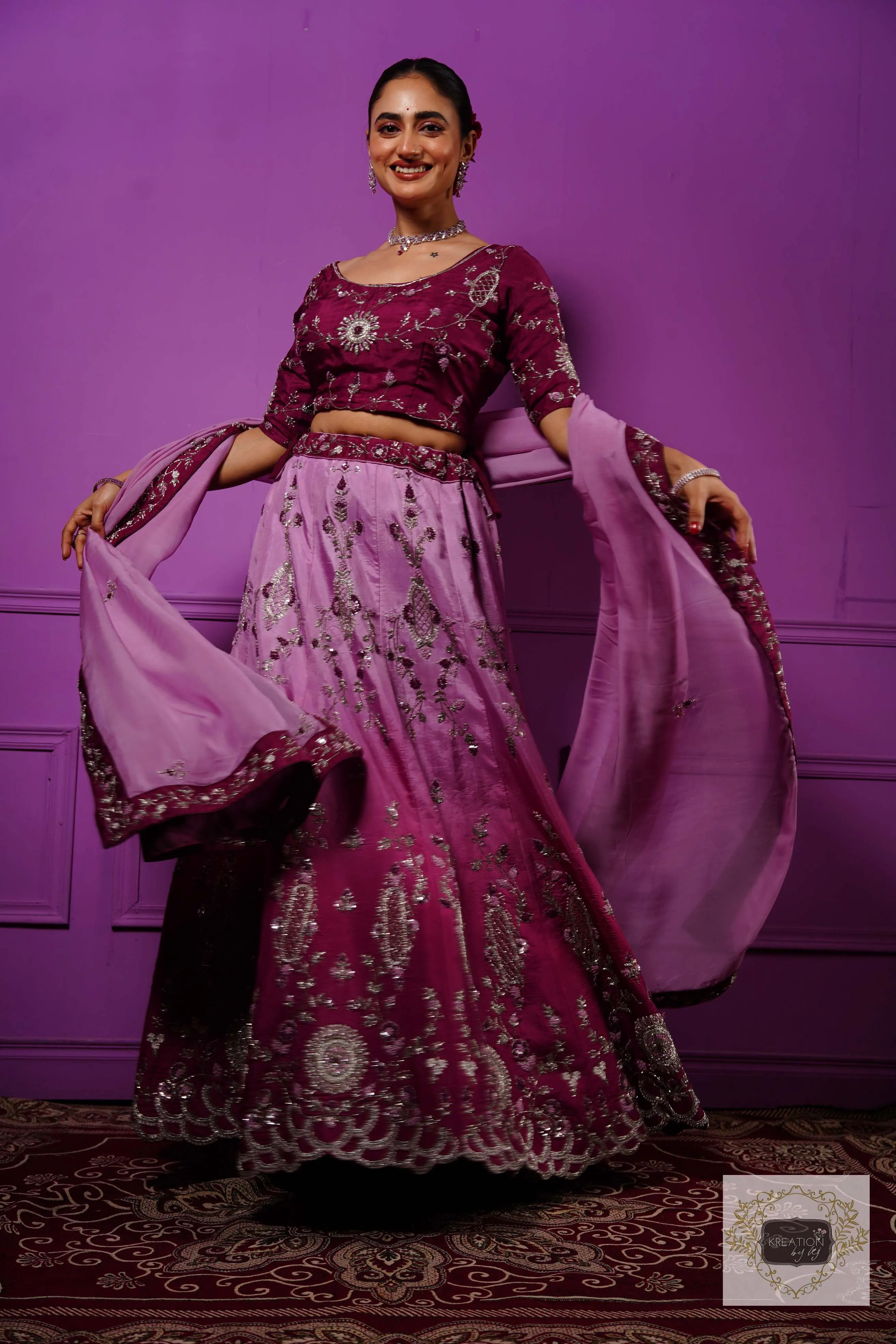 Black Currant Ombre Handembroidered Lehenga Set