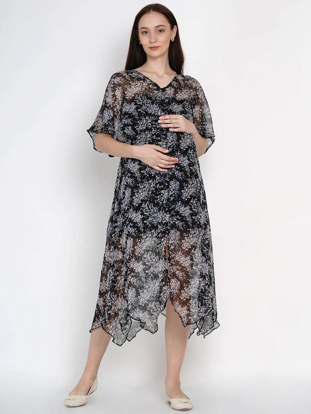 Black Georgette Floral Print Maternity and Nursing Midi Dress