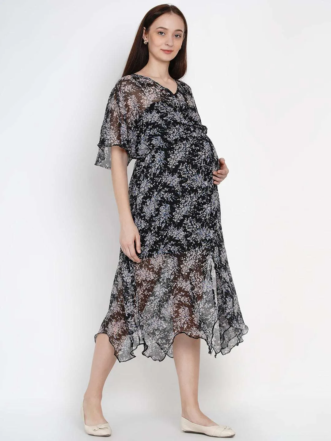 Black Georgette Floral Print Maternity and Nursing Midi Dress