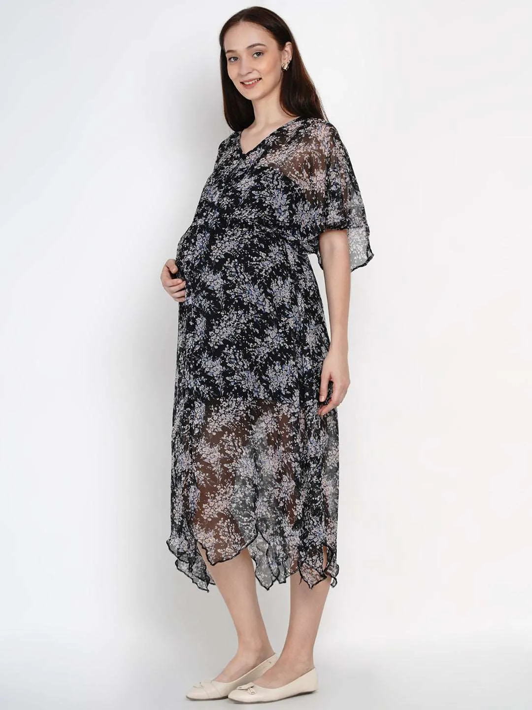 Black Georgette Floral Print Maternity and Nursing Midi Dress