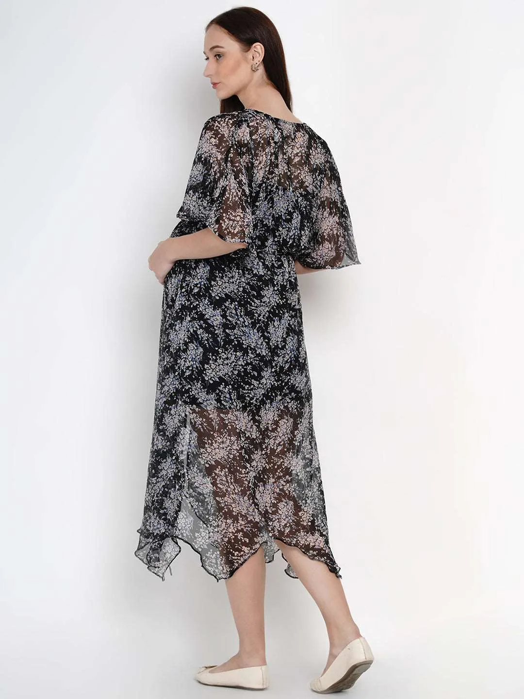 Black Georgette Floral Print Maternity and Nursing Midi Dress